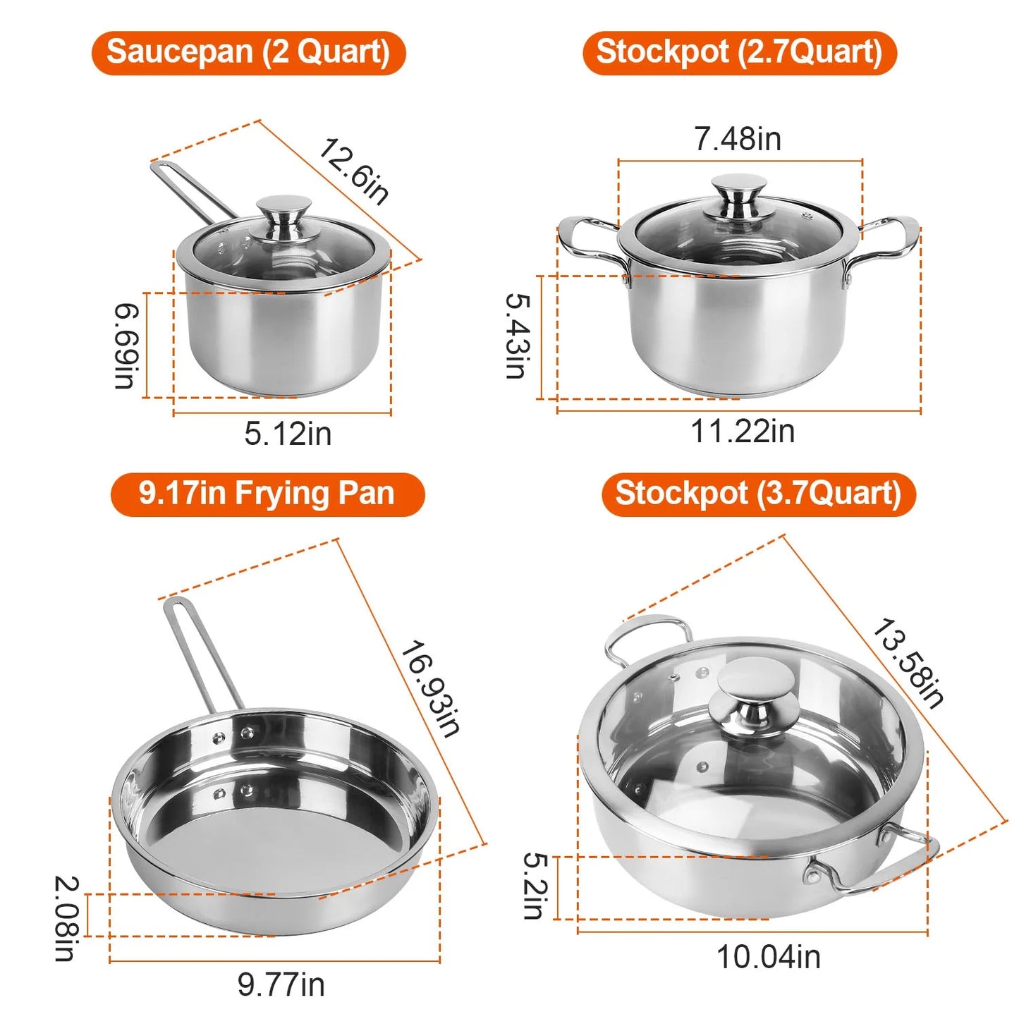 VERIS NICE Pots and Pans Set, 7-Piece, 18/8 Stainless Steel Cookware Set, Includes Saucepan, Skillet, Stockpots, Cooking Set with Glass Lids