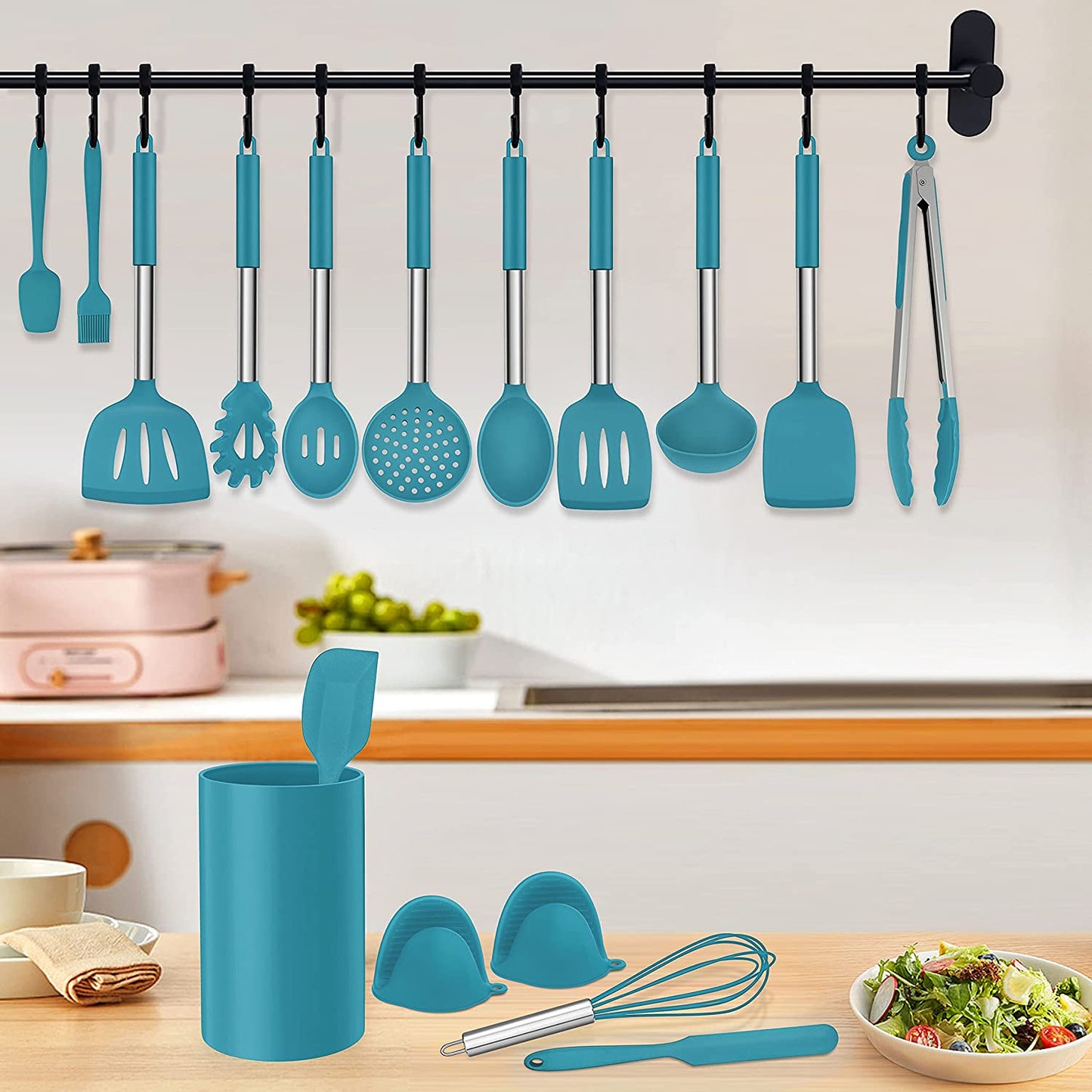 VERI TASTY. 27 Pieces Silicone Cooking Utensils Set with Holder, Kitchen Utensil Sets for Nonstick Cookware, Dark Navy Blue Kitchen Tools Spatula with Stainless Steel Handle, Heat Resistant