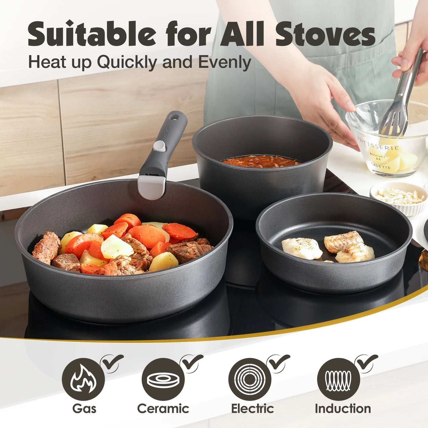 VERI HOT Nonstick Pots and Pans Set with Detachable Handle, 8Pcs Cookware Sets with Removable Handle (Black)