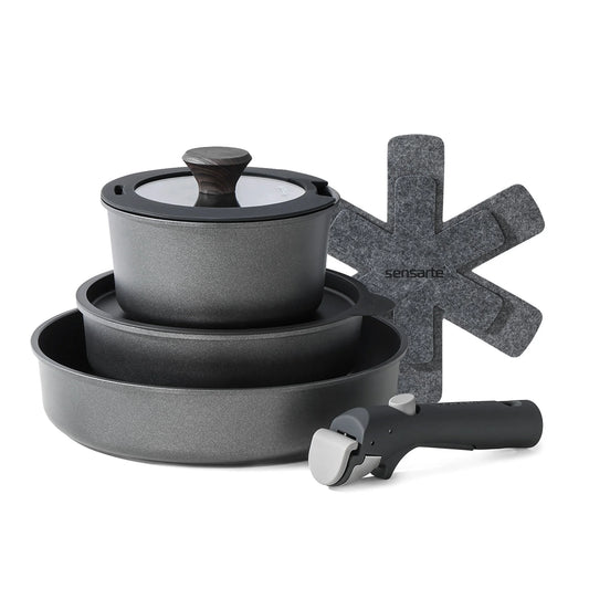 VERI HOT Nonstick Pots and Pans Set with Detachable Handle, 8Pcs Cookware Sets with Removable Handle (Black)
