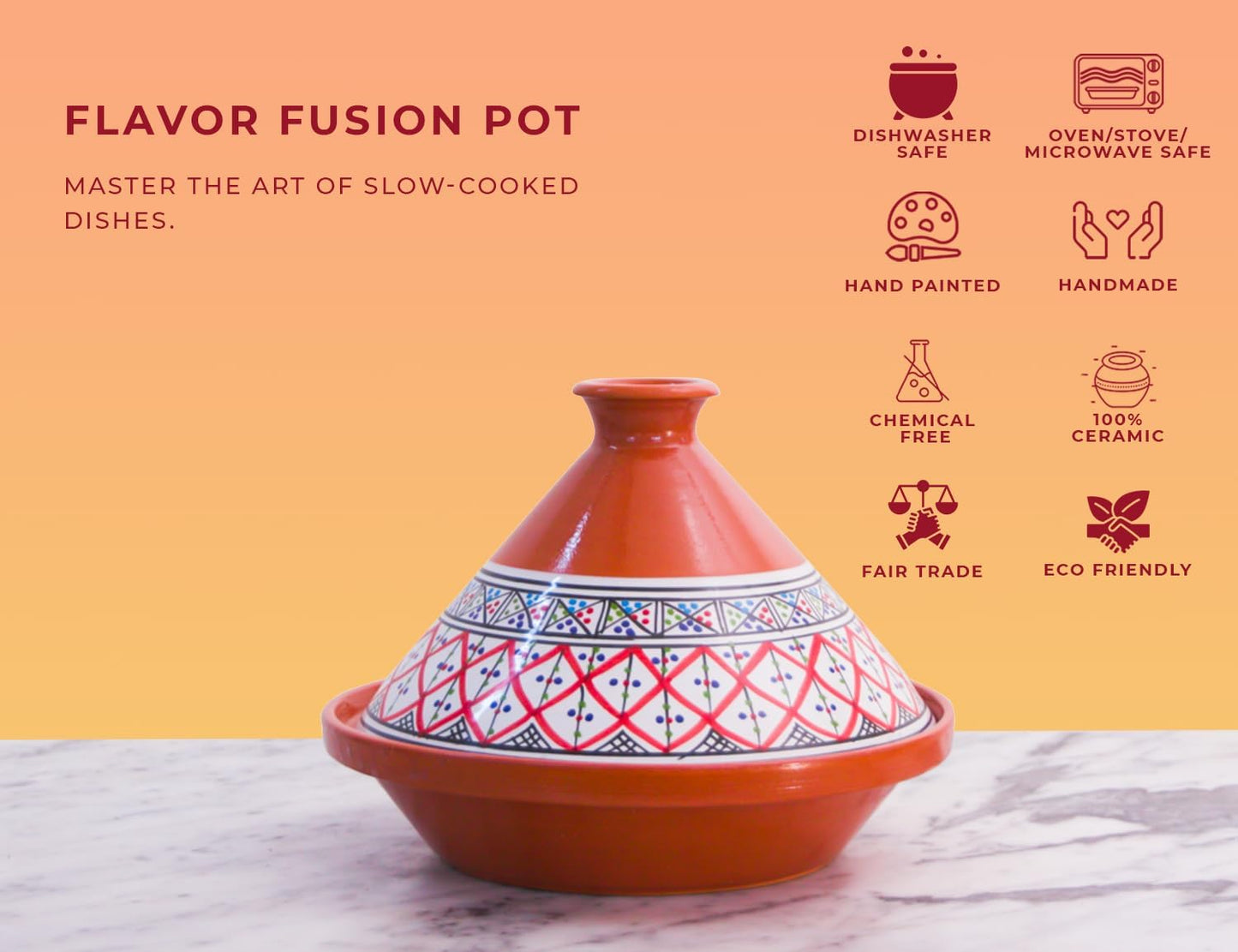 VERI HOT Bohemian Classic Tagine - Large Red Ceramic Cooking Pot, Handcrafted, Non-Stick