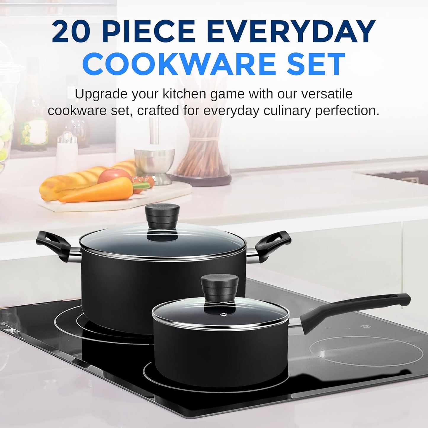 VERI HOT Kitchenware Pots & Pans Basic Kitchen Cookware, Black Non-Stick Coating Inside, Heat Resistant Lacquer (20-Piece Set), One Size