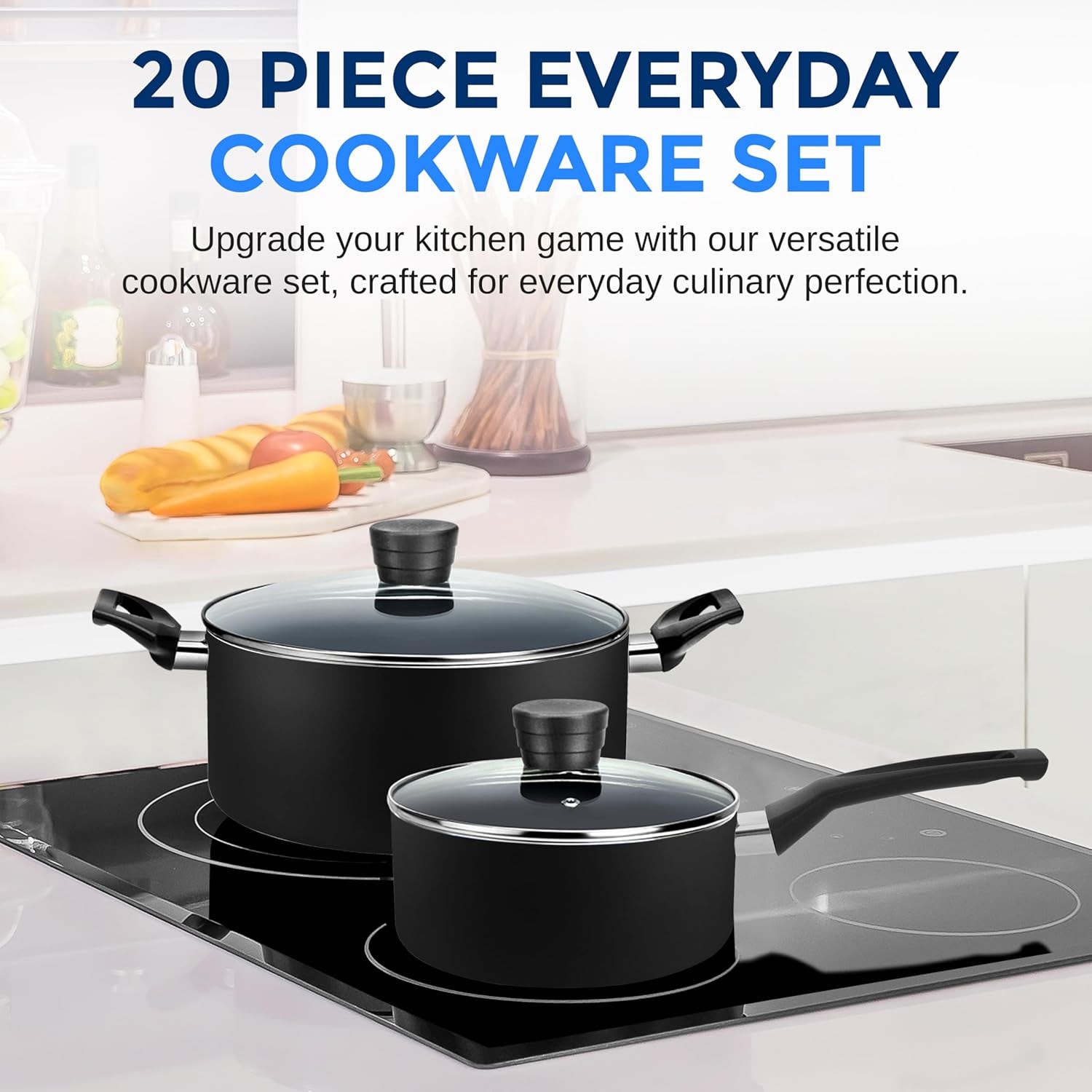 VERI HOT Kitchenware Pots & Pans Basic Kitchen Cookware, Black Non-Stick Coating Inside, Heat Resistant Lacquer (20-Piece Set), One Size