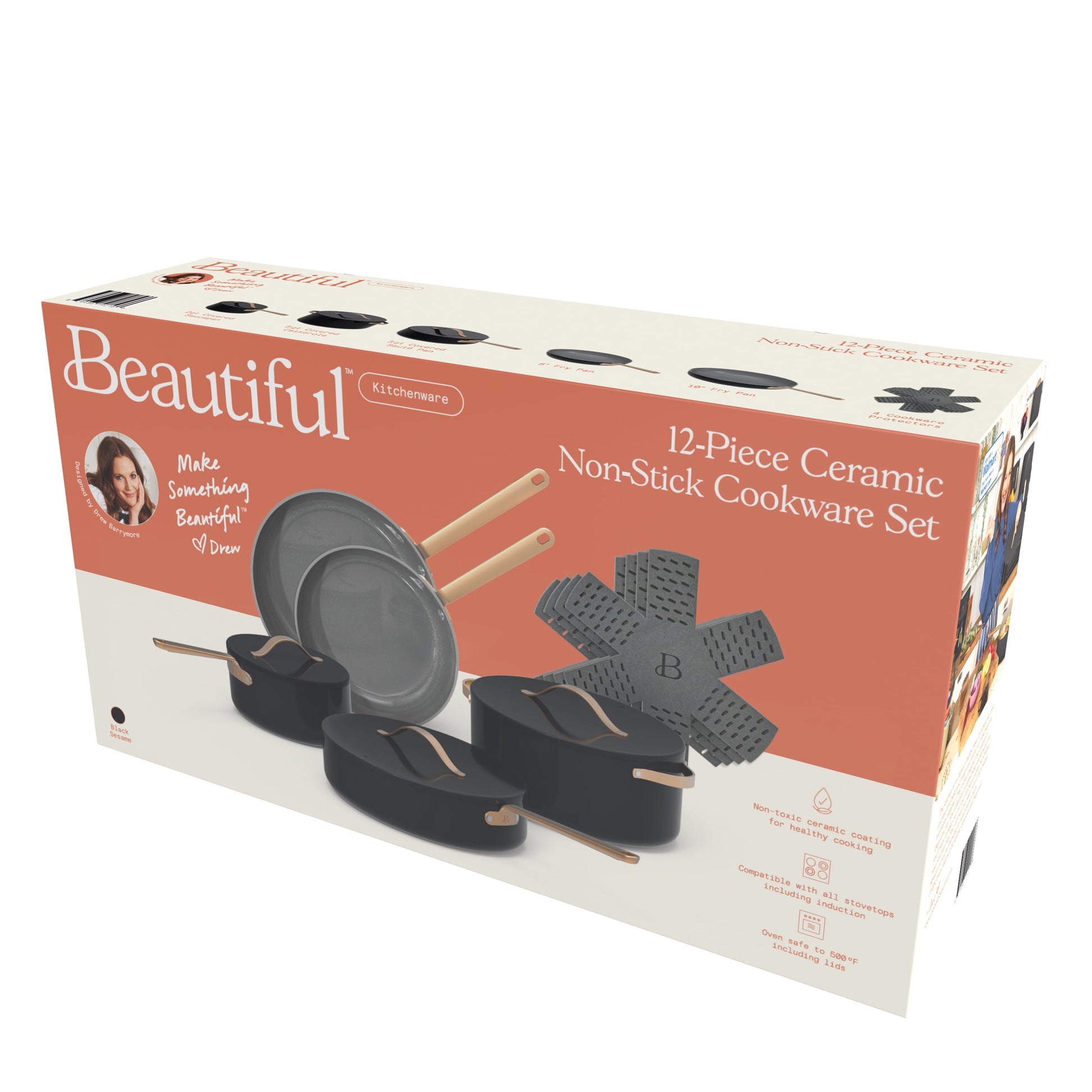 VERI NICE 12Pc Ceramic Non-Stick Cookware Set, Black Sesame by Drew Barrymore