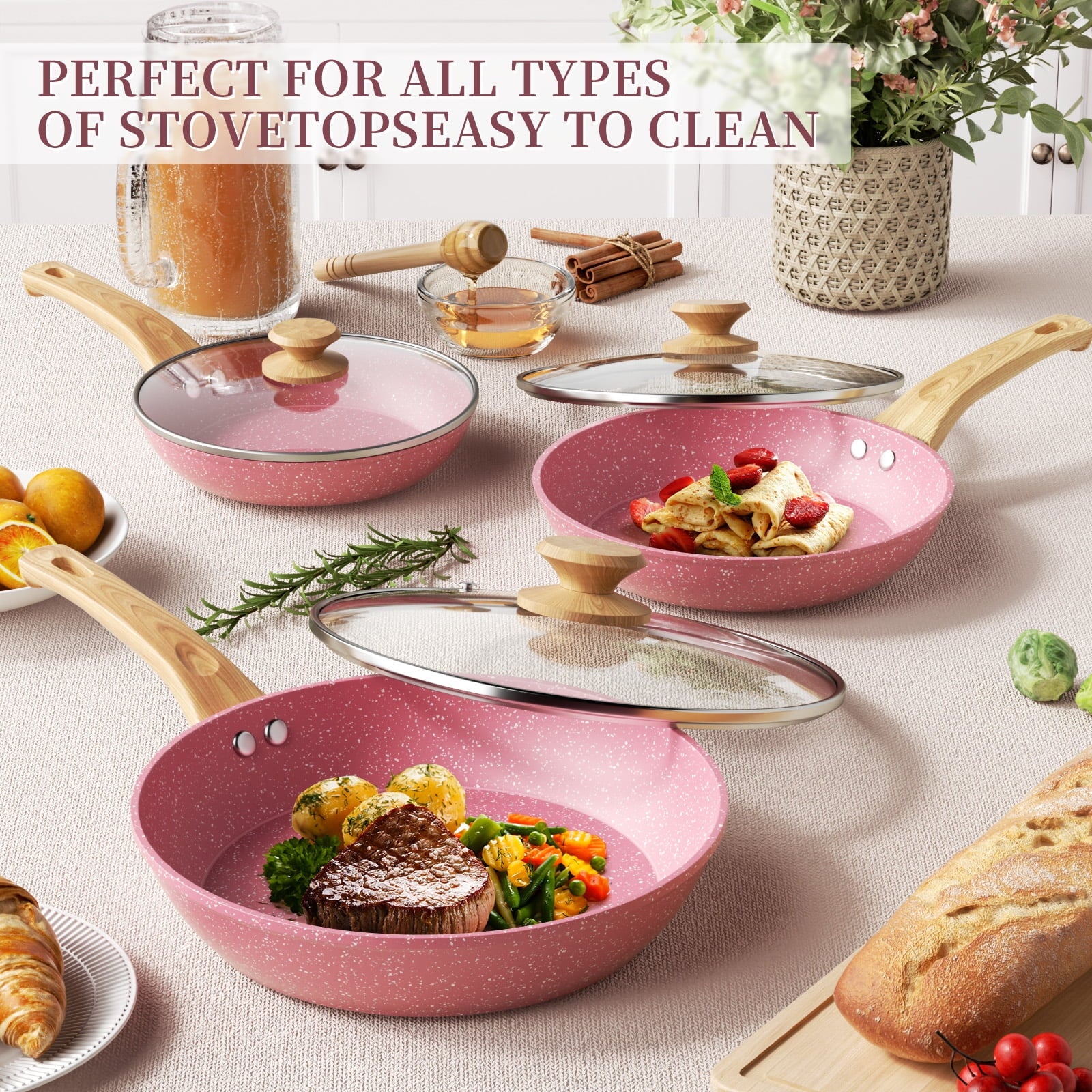 VERiS NICE 6Pcs Nonstick Pink Frying Pan Set Toxin-Free 8" 9.5" and 11" Frying Pan with Lid Bakelite Handle Cookware Set