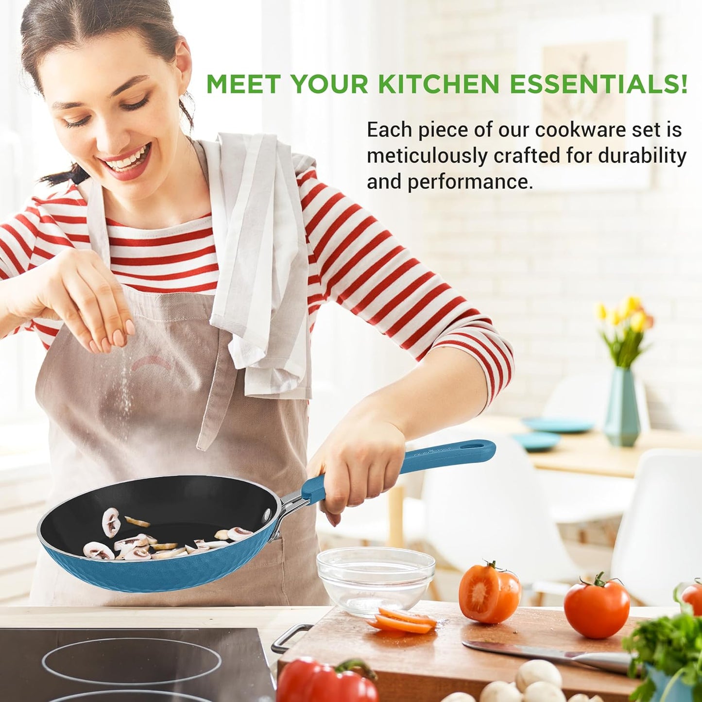 VERI HOT 11 Pc Pots and Pans Set Non Stick Cookware with Ceramic Coating, Ergonomic Handles, Induction Ready, Includes Saucepan, Dutch Oven, Large & Small Fry Pans, Royal Blue