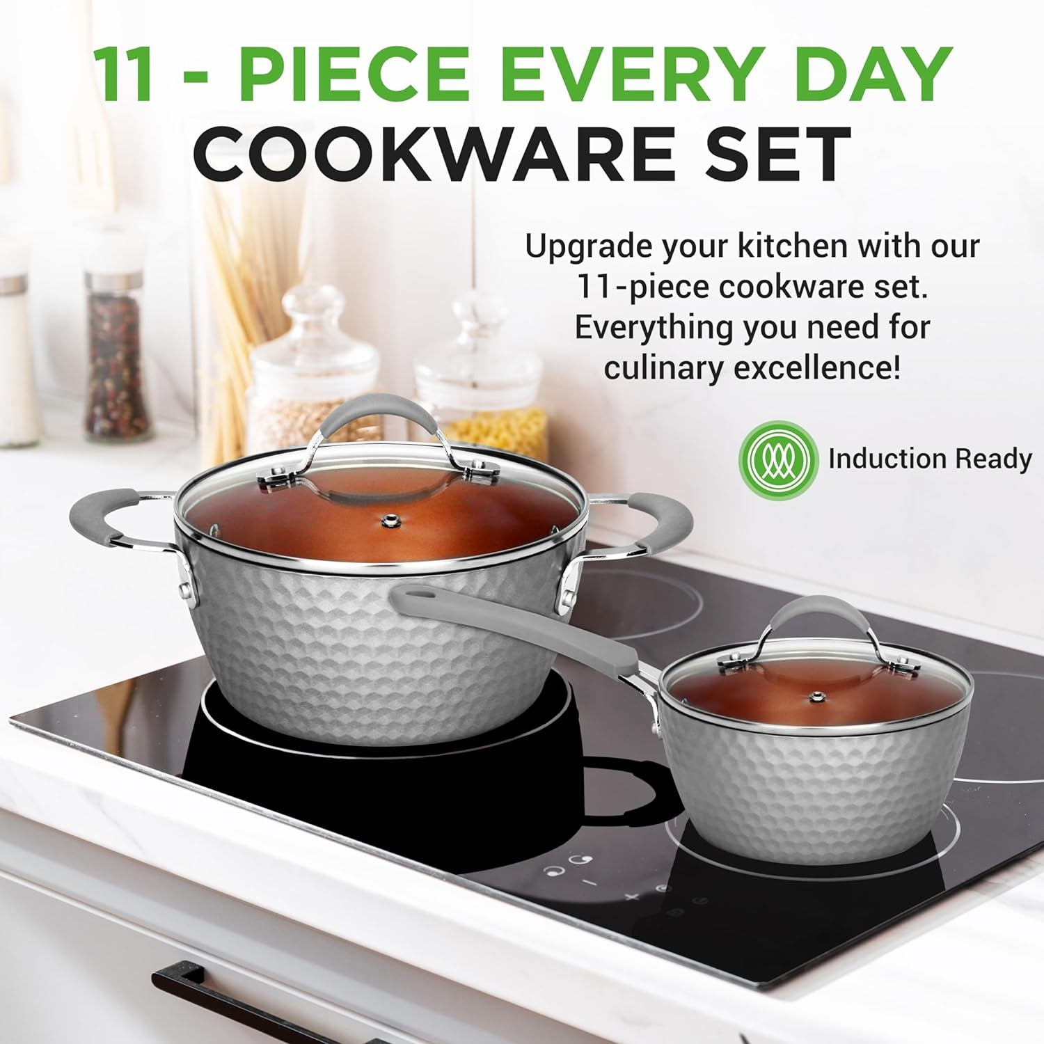 VERI HOT Nonstick Cookware Excilon |Home Kitchen Ware Pots & Pan Set with Saucepan Frying Pans, Cooking Pots, Lids, Utensil PTFE/PFOA/PFOS Free, 11 Pcs, Gray