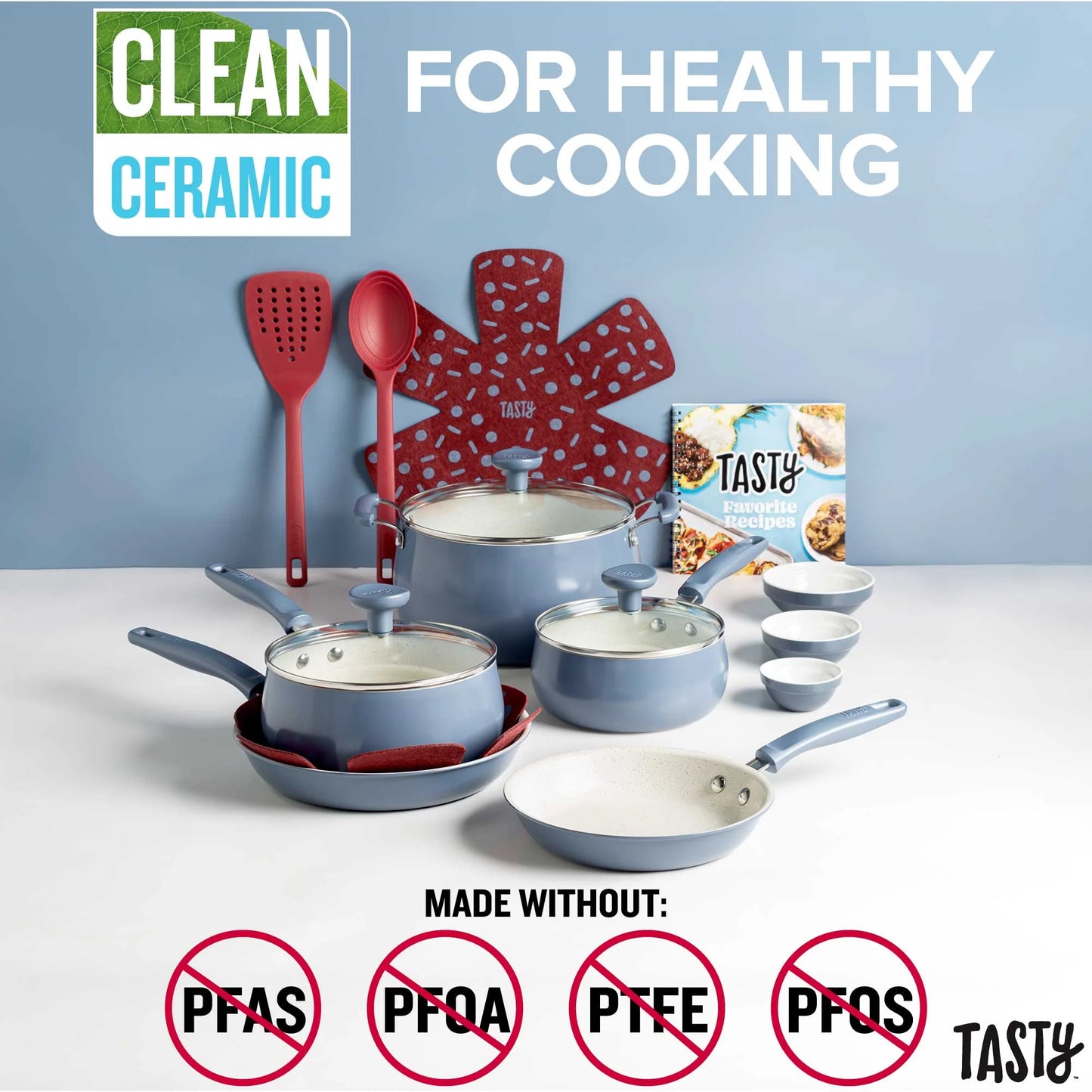 VERIS NICE Clean Ceramic 16 Piece Non-Stick Aluminum Cookware Set, Slate Blue
