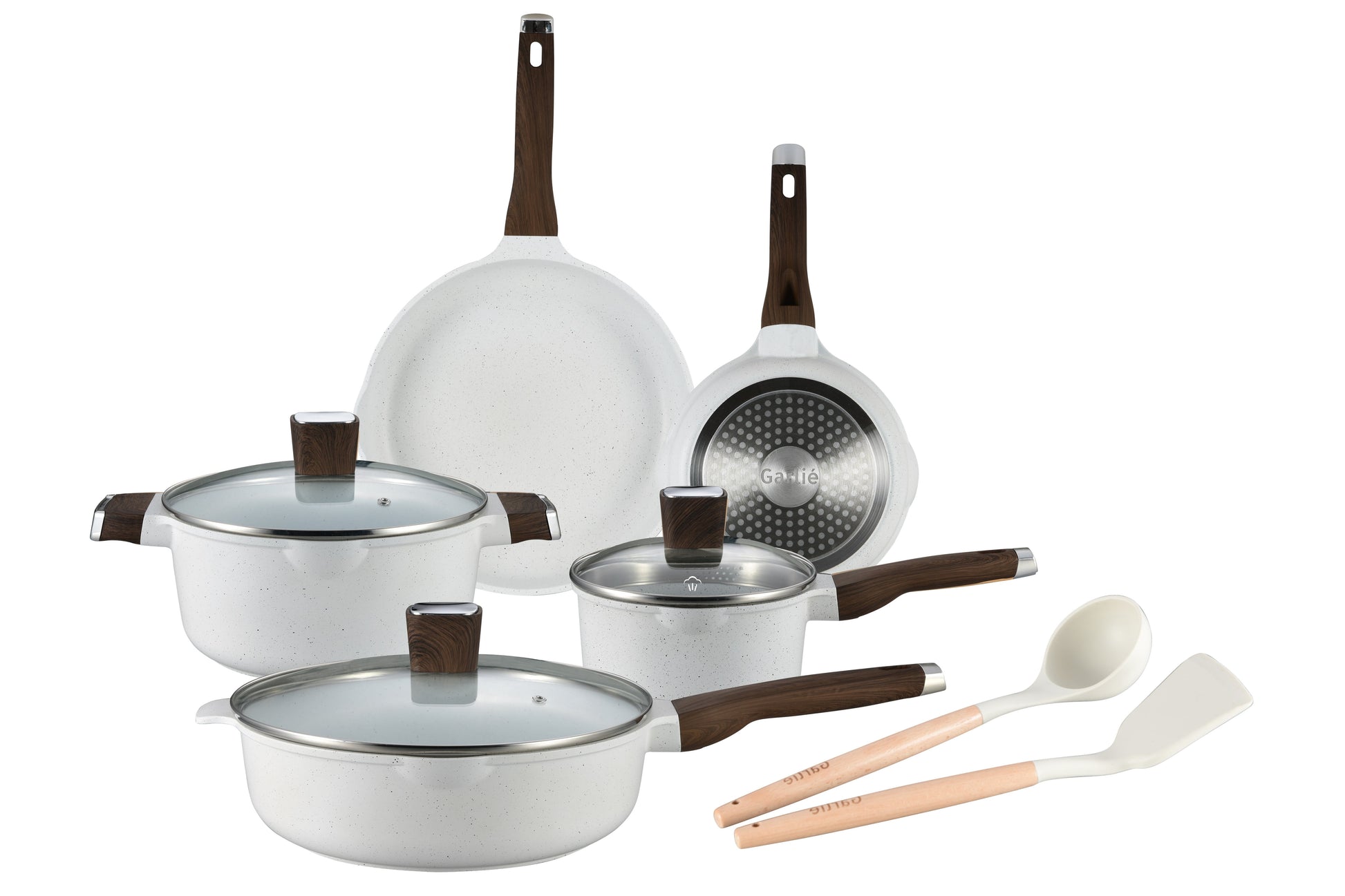 VERI HOT 10Pcs Pots and Pans Set, Nonstick White Granite, Cookware Sets Suitable for Gas, Electric, Induction, Kitchen Cooking Set W/Frying Pans, Saucepans, Casserole, Silicone Tools, Dishwasher Safe, White