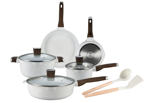 VERI HOT 10Pcs Pots and Pans Set, Nonstick White Granite, Cookware Sets Suitable for Gas, Electric, Induction, Kitchen Cooking Set W/Frying Pans, Saucepans, Casserole, Silicone Tools, Dishwasher Safe, White