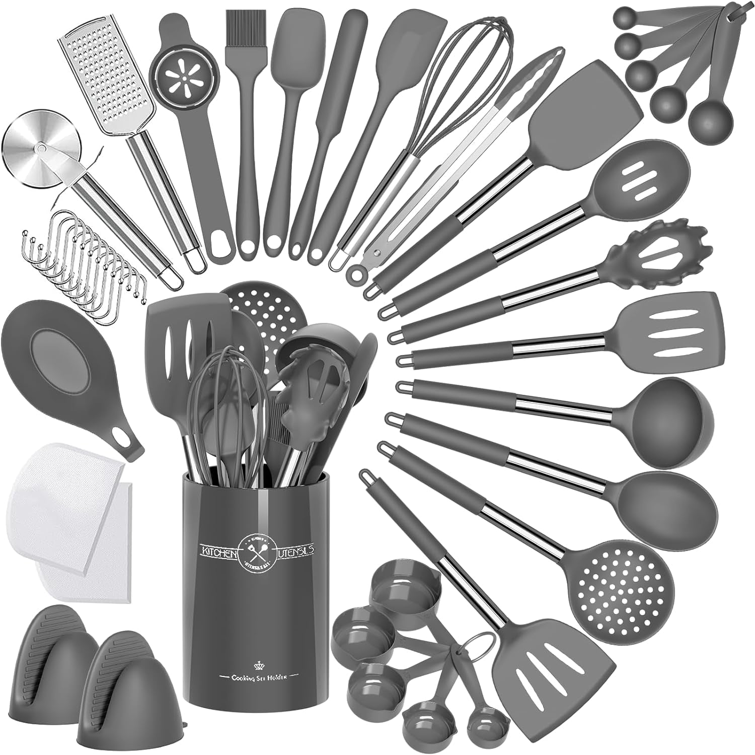 VERI TASTY Silicone Kitchen Cooking Utensil Set, 43 Pcs Silicone Spatula with Stainless Steel Handle, Non-Stick Heat Resistant - Best Cookware (Grey)