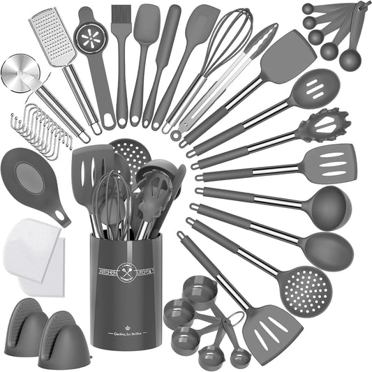 VERI TASTY Silicone Kitchen Cooking Utensil Set, 43 Pcs Silicone Spatula with Stainless Steel Handle, Non-Stick Heat Resistant - Best Cookware (Grey)
