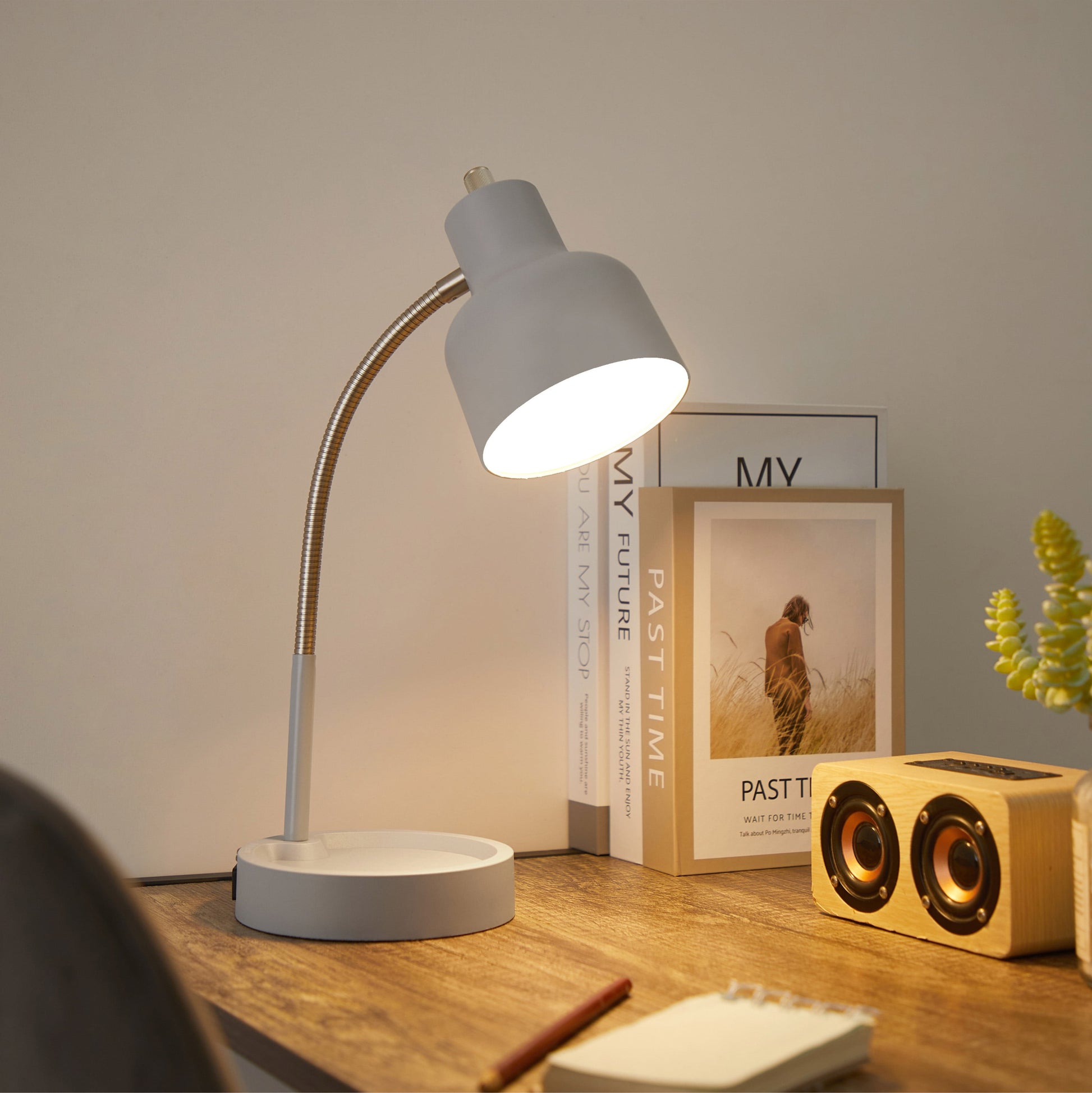 VERI BRITE LED Desk Lamp with Catch-All Base & AC Outlet, Matte Gray