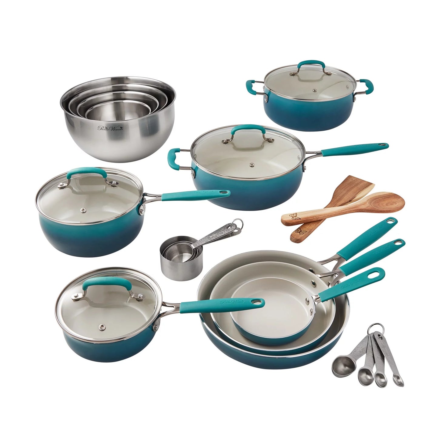 VERI NICE 25-Piece Ceramic Nonstick Aluminum Cookware Set, Ombre Teal