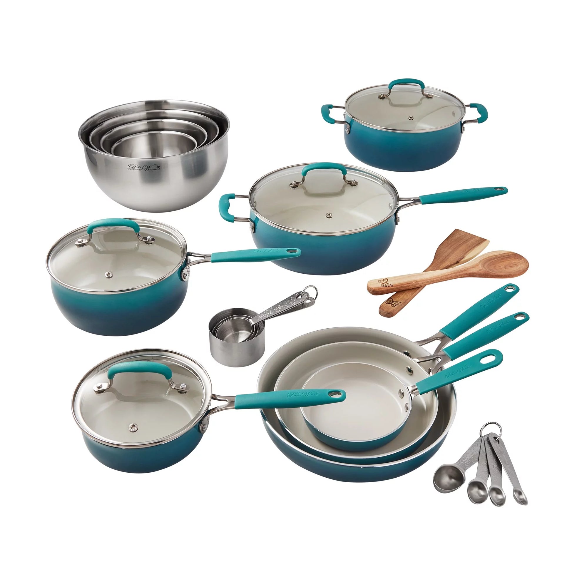 VERI NICE 25-Piece Ceramic Nonstick Aluminum Cookware Set, Ombre Teal