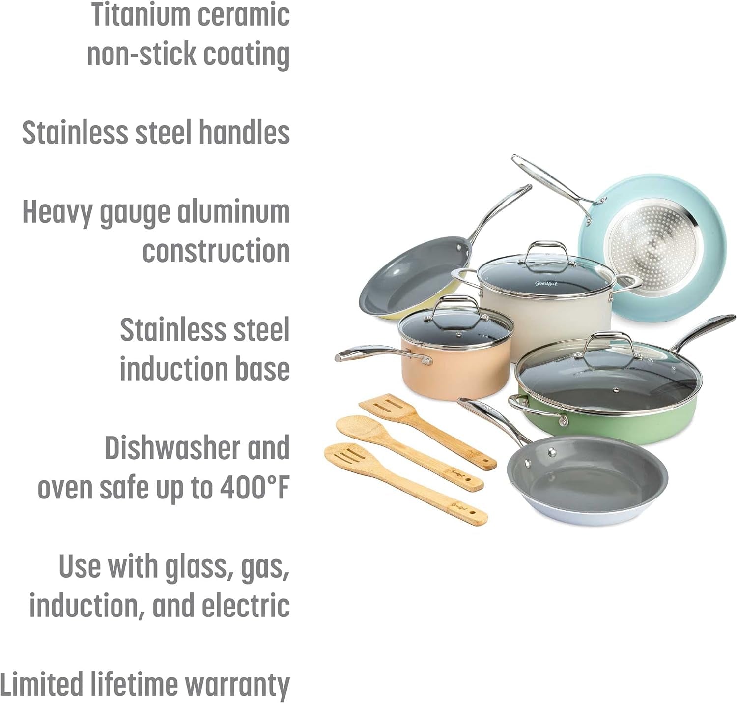 VERIS NICECeramic Nonstick Pots and Pans Set, Titanium-Reinforced Premium Nonstick Coating, Dishwasher Safe Pots and Pans, Tempered Glass Steam Vented Lids, Stainless Steel Handles, 12-Piece, Mulitcolor