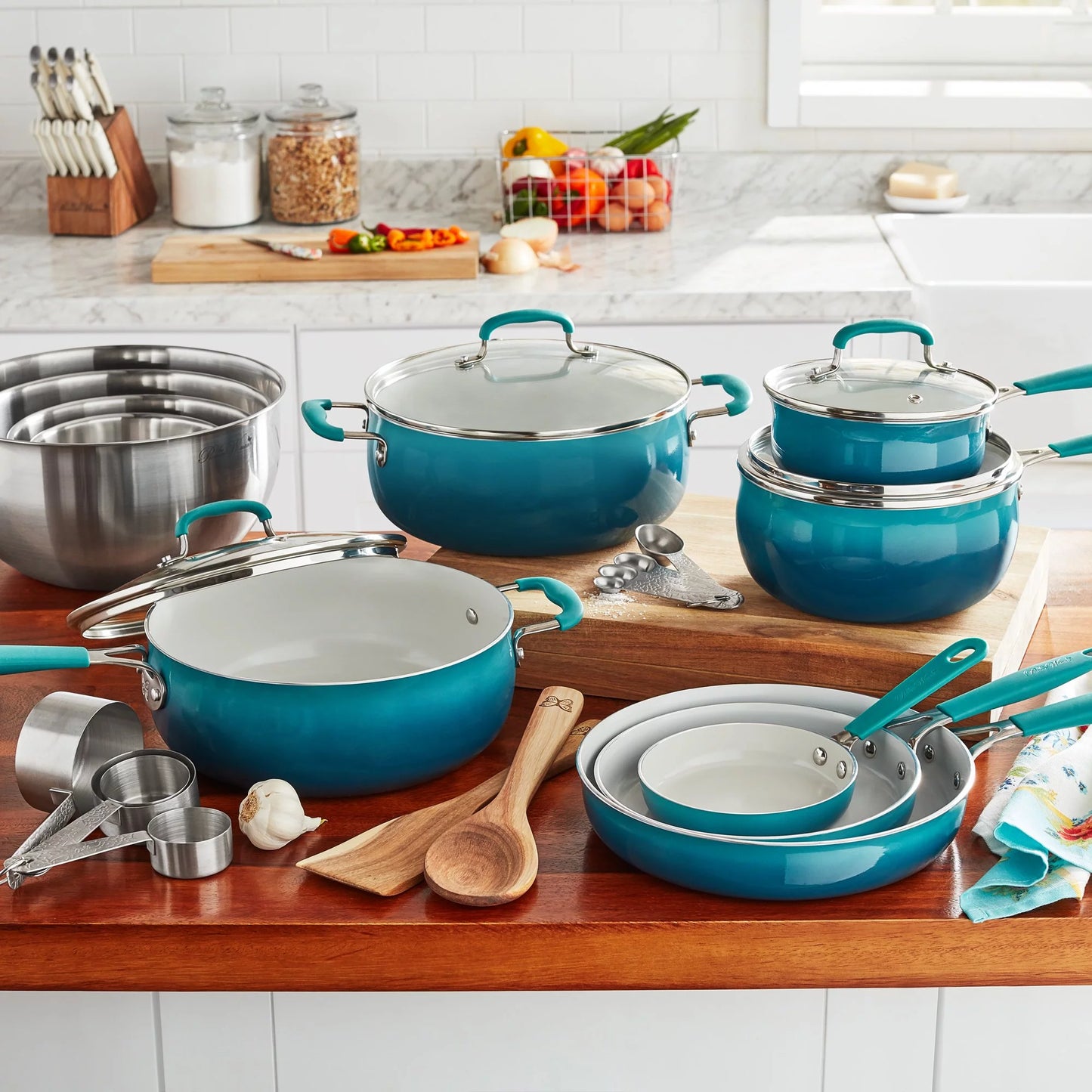 VERI NICE 25-Piece Ceramic Nonstick Aluminum Cookware Set, Ombre Teal