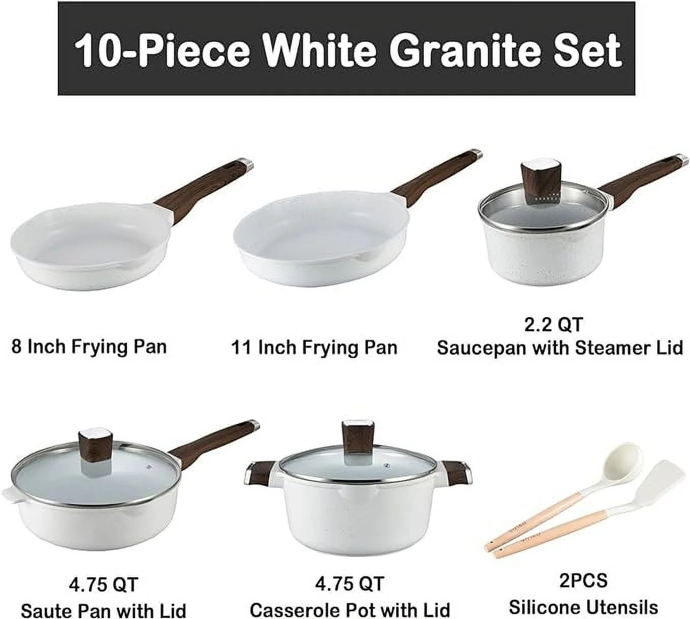 VERI HOT 10Pcs Pots and Pans Set, Nonstick White Granite, Cookware Sets Suitable for Gas, Electric, Induction, Kitchen Cooking Set W/Frying Pans, Saucepans, Casserole, Silicone Tools, Dishwasher Safe, White