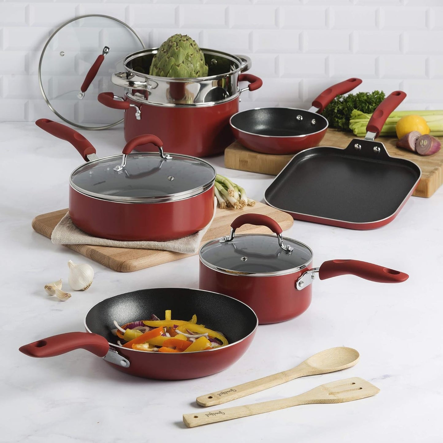 VERIS NICE Premium Nonstick Pots and Pans Set, Diamond Reinforced Non-Stick Coating, Made without PFOA, Dishwasher Safe, 12-Piece, Red