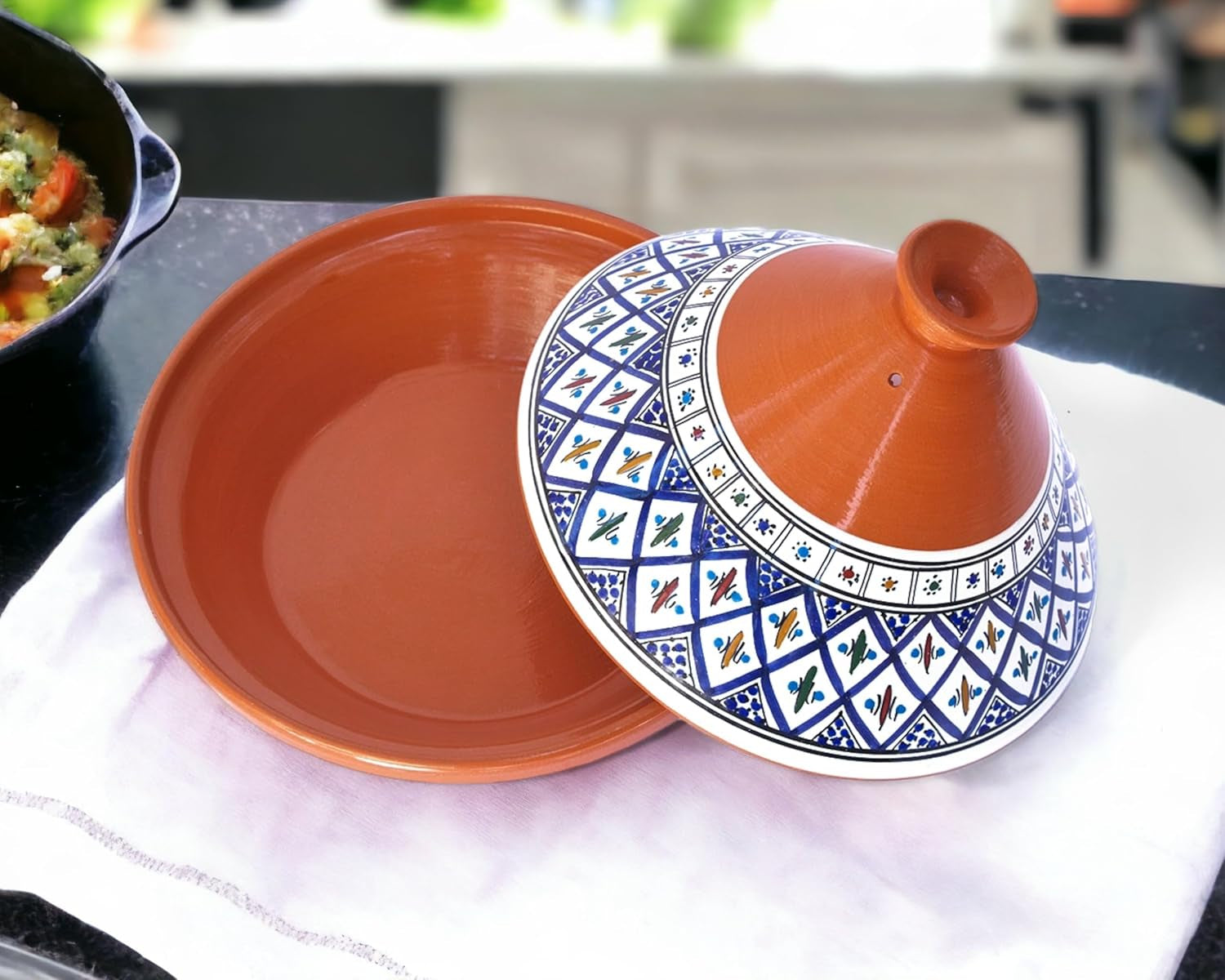 VERI HOT Hand Made and Hand Painted Non-Stick Tagine Pot | Moroccan Ceramic Pots for Cooking and Stew Casserole Slow Cooker (Large, Classic Bohemian Blue)