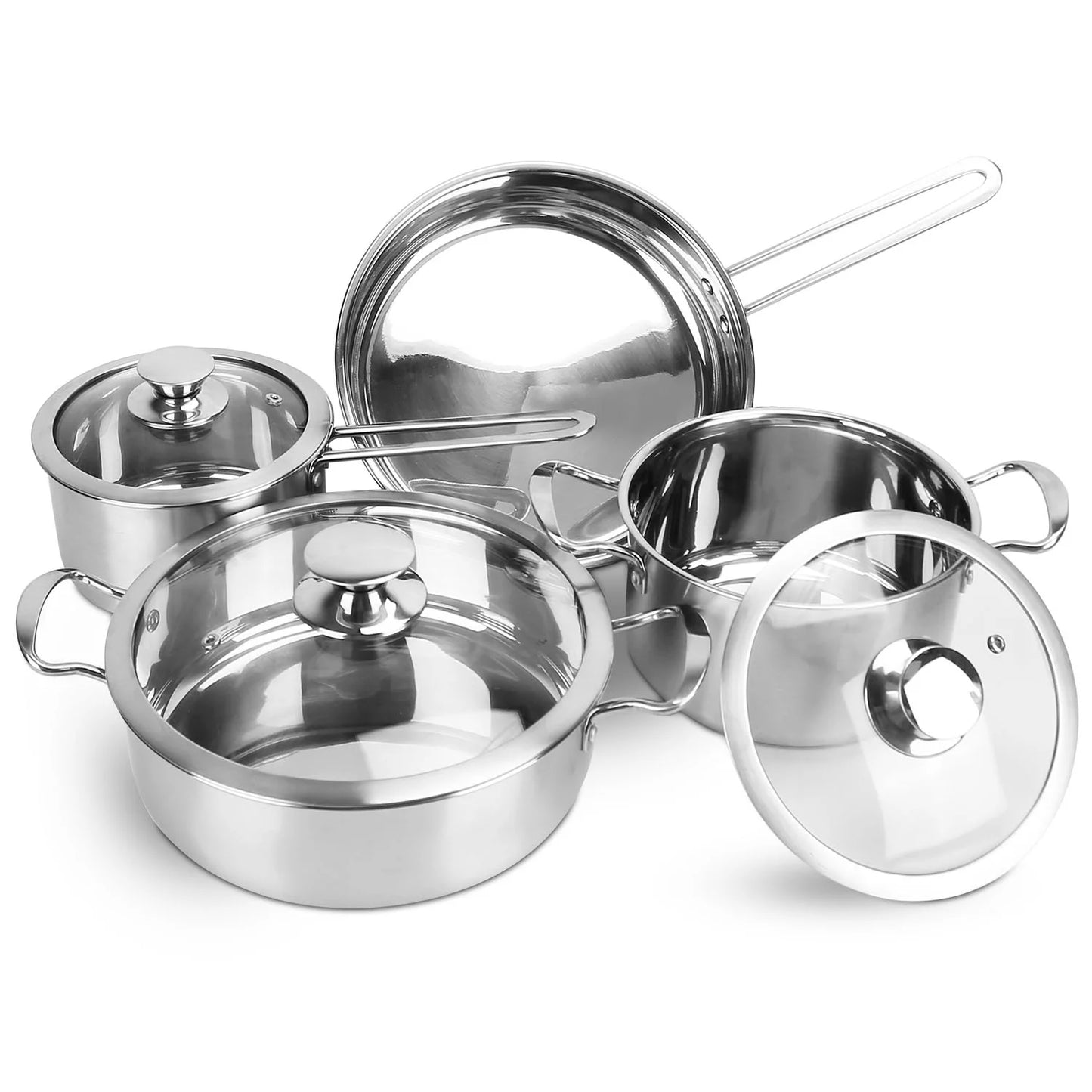 VERIS NICE Pots and Pans Set, 7-Piece, 18/8 Stainless Steel Cookware Set, Includes Saucepan, Skillet, Stockpots, Cooking Set with Glass Lids