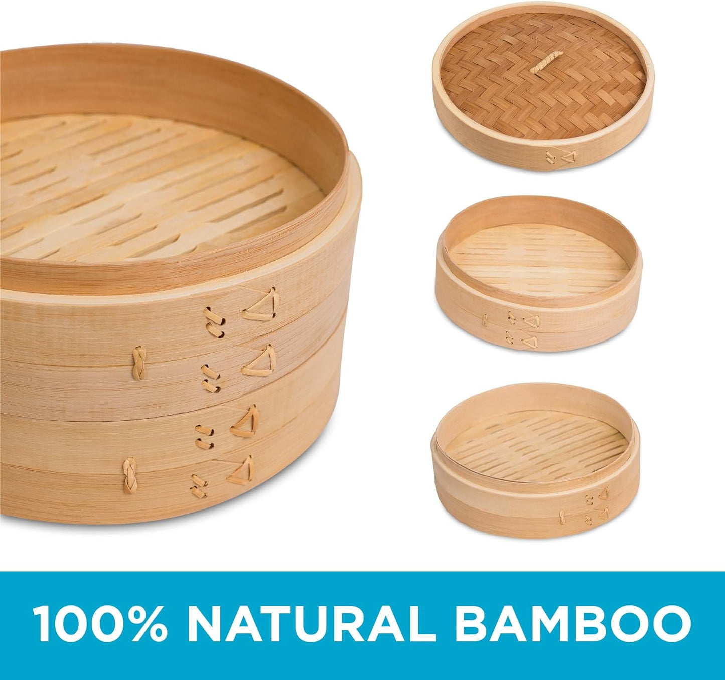 VERI STEAMY 10 Inch Bamboo Steamer for Cooking Vegetables and Dumplings - Classic Traditional 2 Tier Design - Healthy Food Prep - Great for Dim Sum, Chicken, Fish, Veggies - Steam Basket - Natural