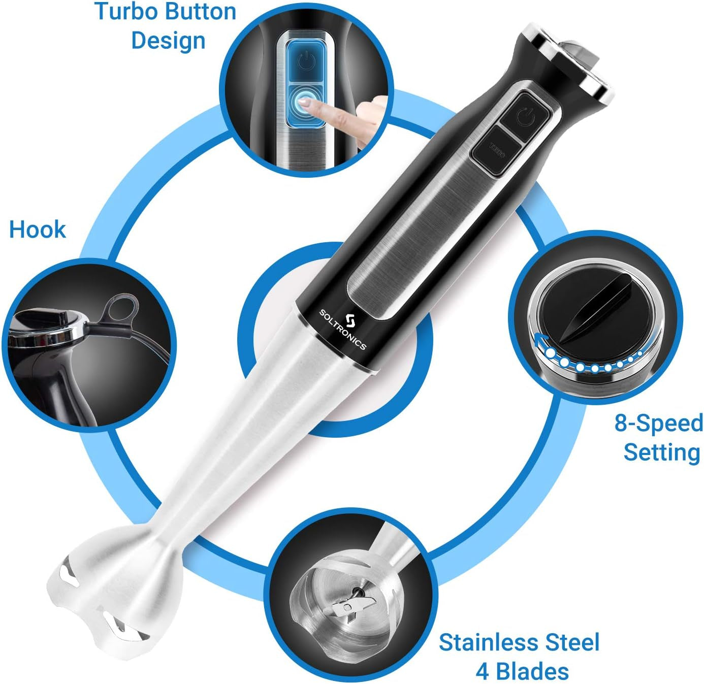 VERI HOT 5-In-1 Hand Blender, 5-In-1, 8-Speed 500 Watts Stick Blender with 860Ml Food Grinder, 600Ml Container, Milk Frother, Egg Whisk for Puree Infant Food, Smoothies, Sauces and Soups, Black