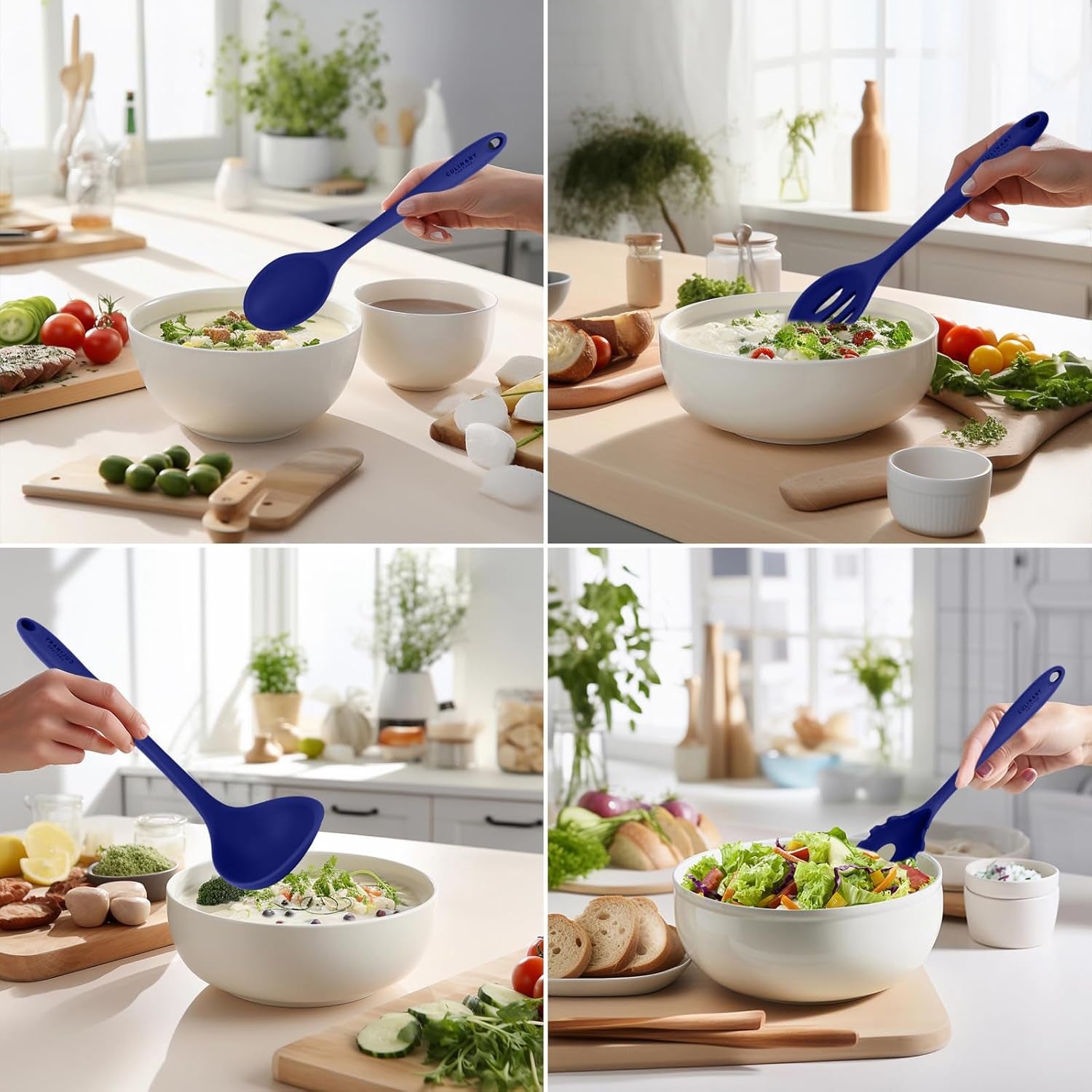 VERIS TASTY Blue Silicone Kitchen Utensils Set of 6, Non-Stick Heat-Resistant Silicone Kitchen Utensils Set with Steel Inner Core