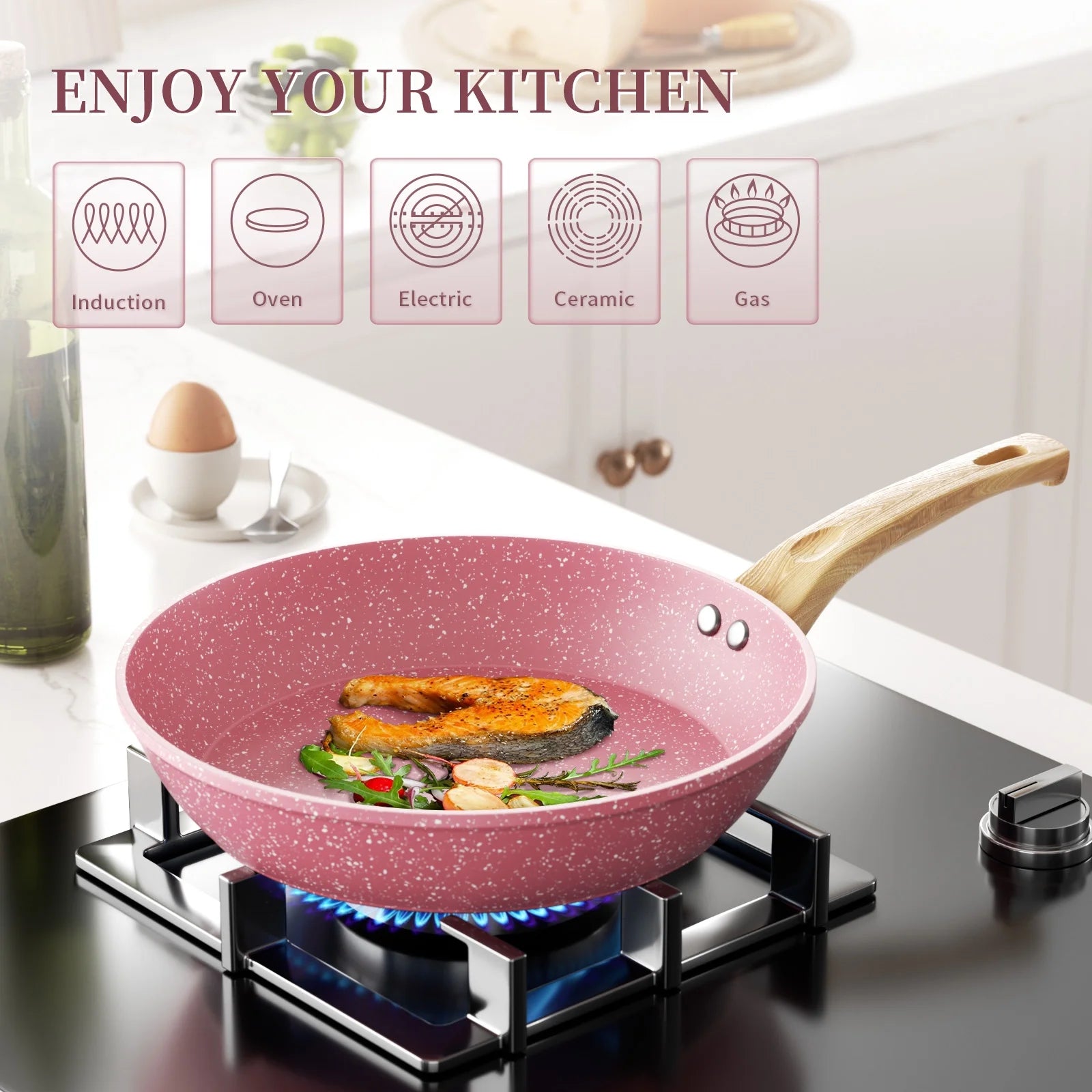 VERiS NICE 6Pcs Nonstick Pink Frying Pan Set Toxin-Free 8" 9.5" and 11" Frying Pan with Lid Bakelite Handle Cookware Set