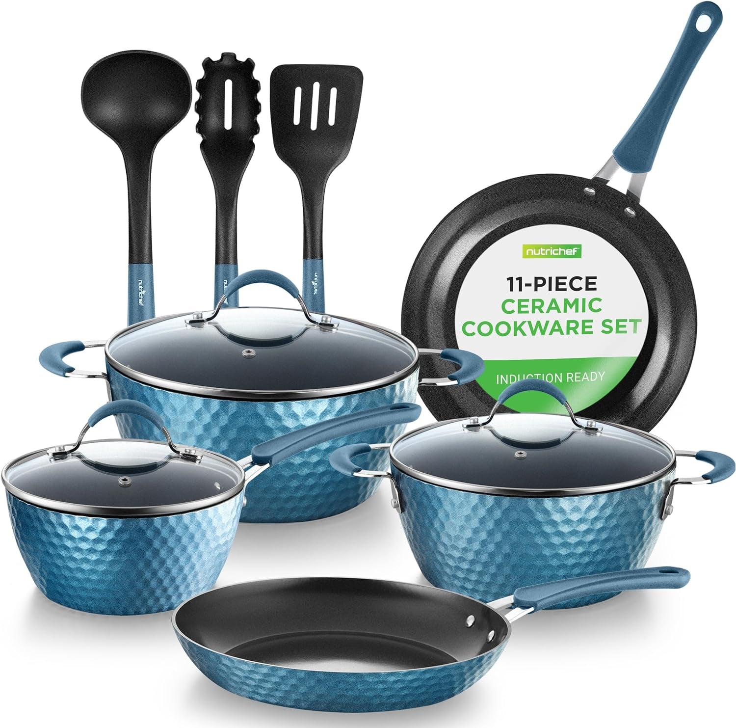 VERI HOT 11 Pc Pots and Pans Set Non Stick Cookware with Ceramic Coating, Ergonomic Handles, Induction Ready, Includes Saucepan, Dutch Oven, Large & Small Fry Pans, Royal Blue