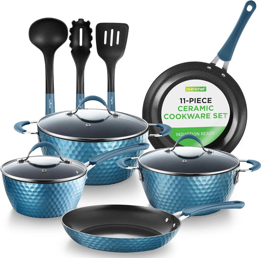 VERI HOT 11 Pc Pots and Pans Set Non Stick Cookware with Ceramic Coating, Ergonomic Handles, Induction Ready, Includes Saucepan, Dutch Oven, Large & Small Fry Pans, Royal Blue