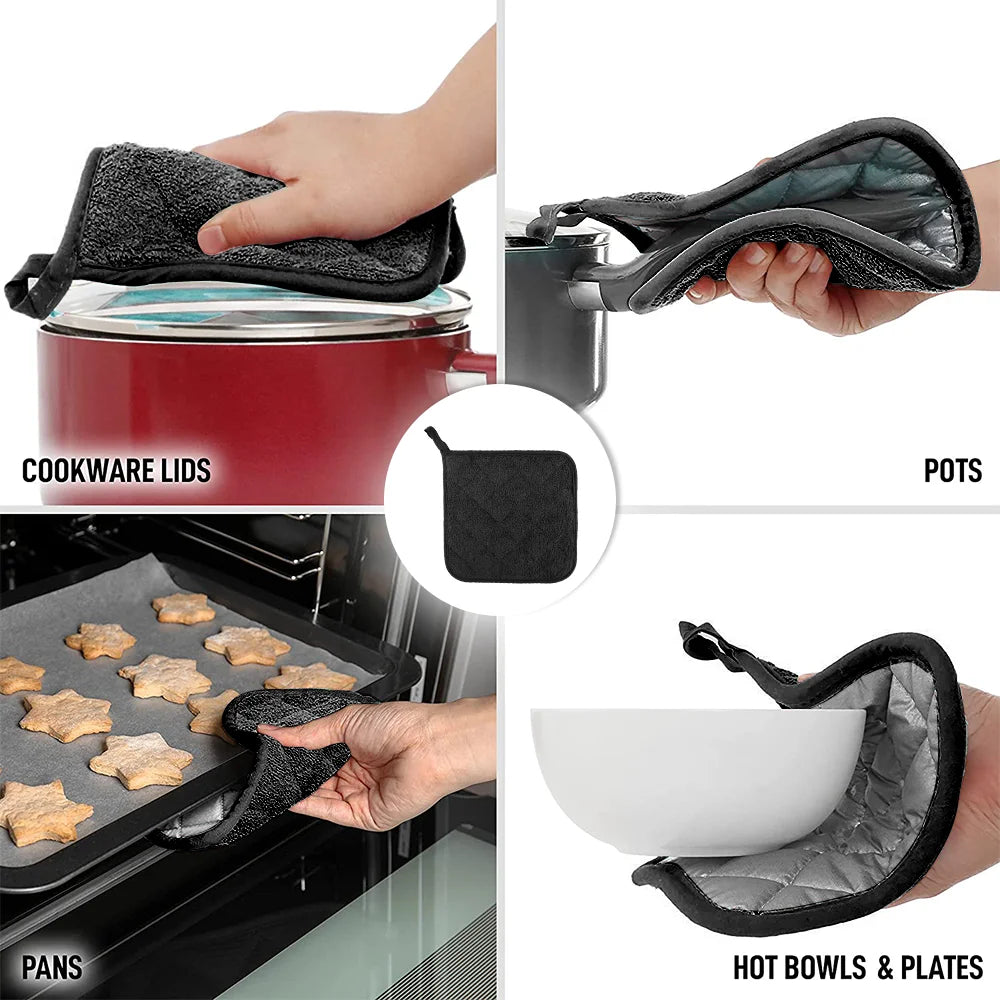 VERI HOT Kitchen Pot Holders Sets Heat Resistant Pot Holder Cotton Oven Hot Pads for Cooking Baking Set of 3 7X7" Black