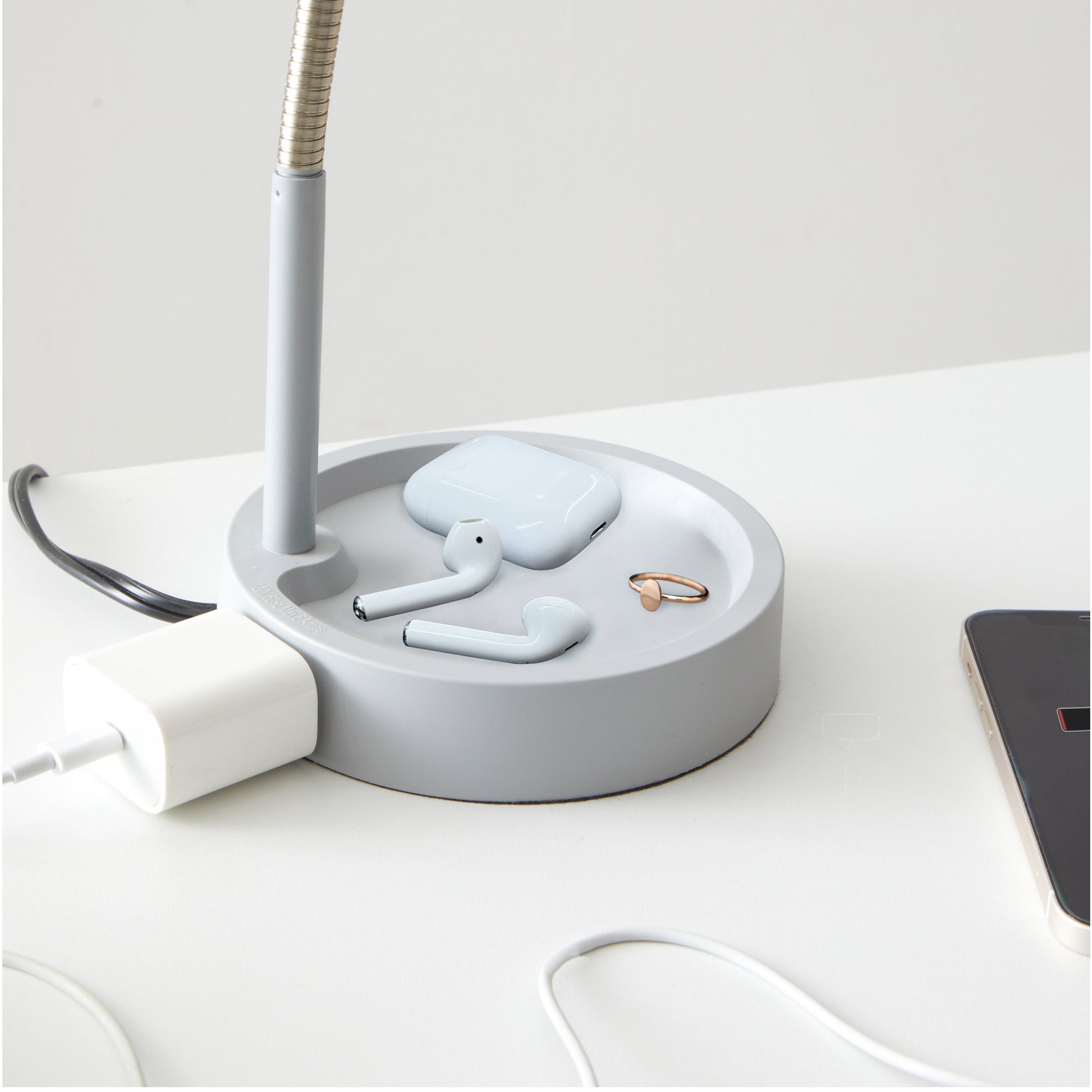VERI BRITE LED Desk Lamp with Catch-All Base & AC Outlet, Matte Gray