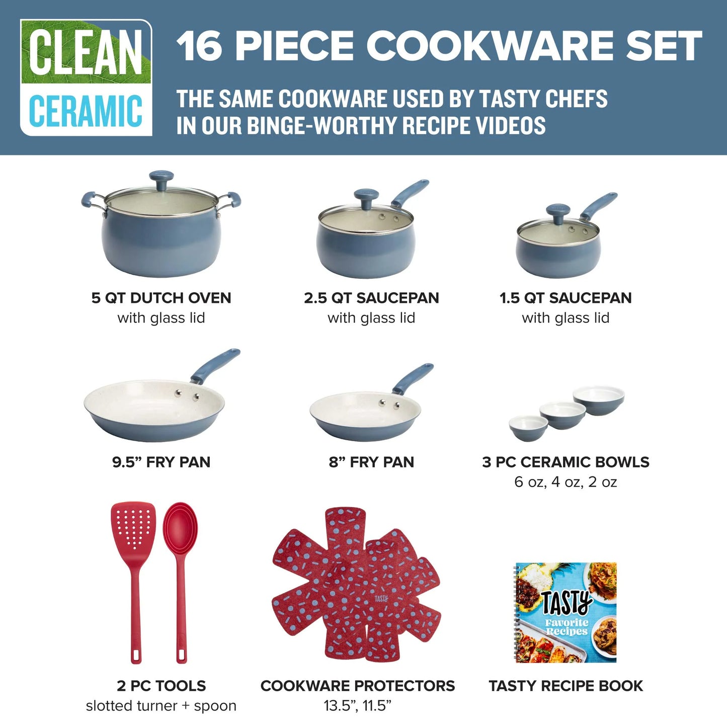 VERIS NICE Clean Ceramic 16 Piece Non-Stick Aluminum Cookware Set, Slate Blue