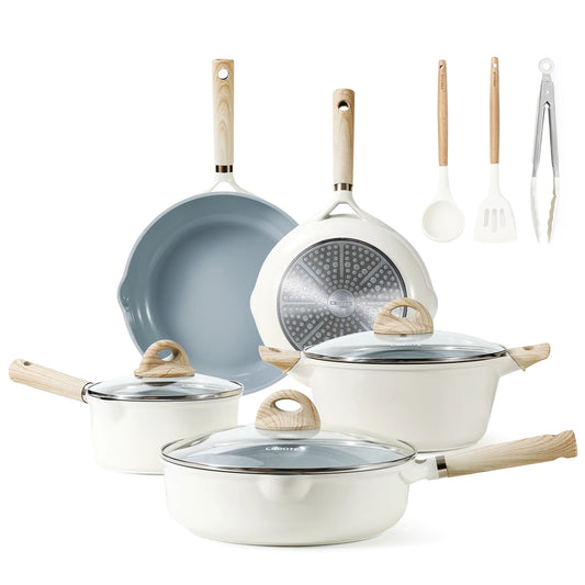 VERIS NICE 11Pcs Ceramic Cookware Set, Pots and Pans Set Non Stick, Kitchen Cookware Sets, Kitchen Induction Pots and Pans Cooking Sets, Cream White