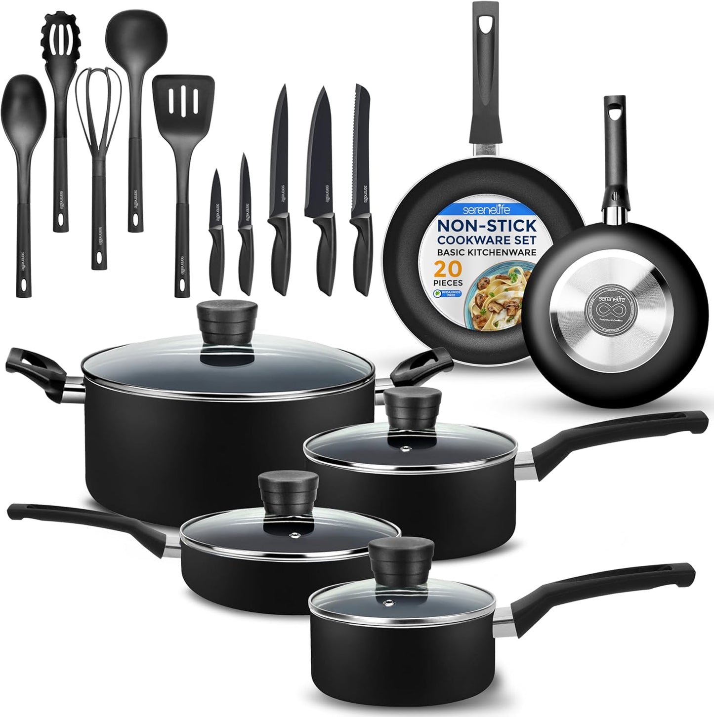 VERI HOT Kitchenware Pots & Pans Basic Kitchen Cookware, Black Non-Stick Coating Inside, Heat Resistant Lacquer (20-Piece Set), One Size
