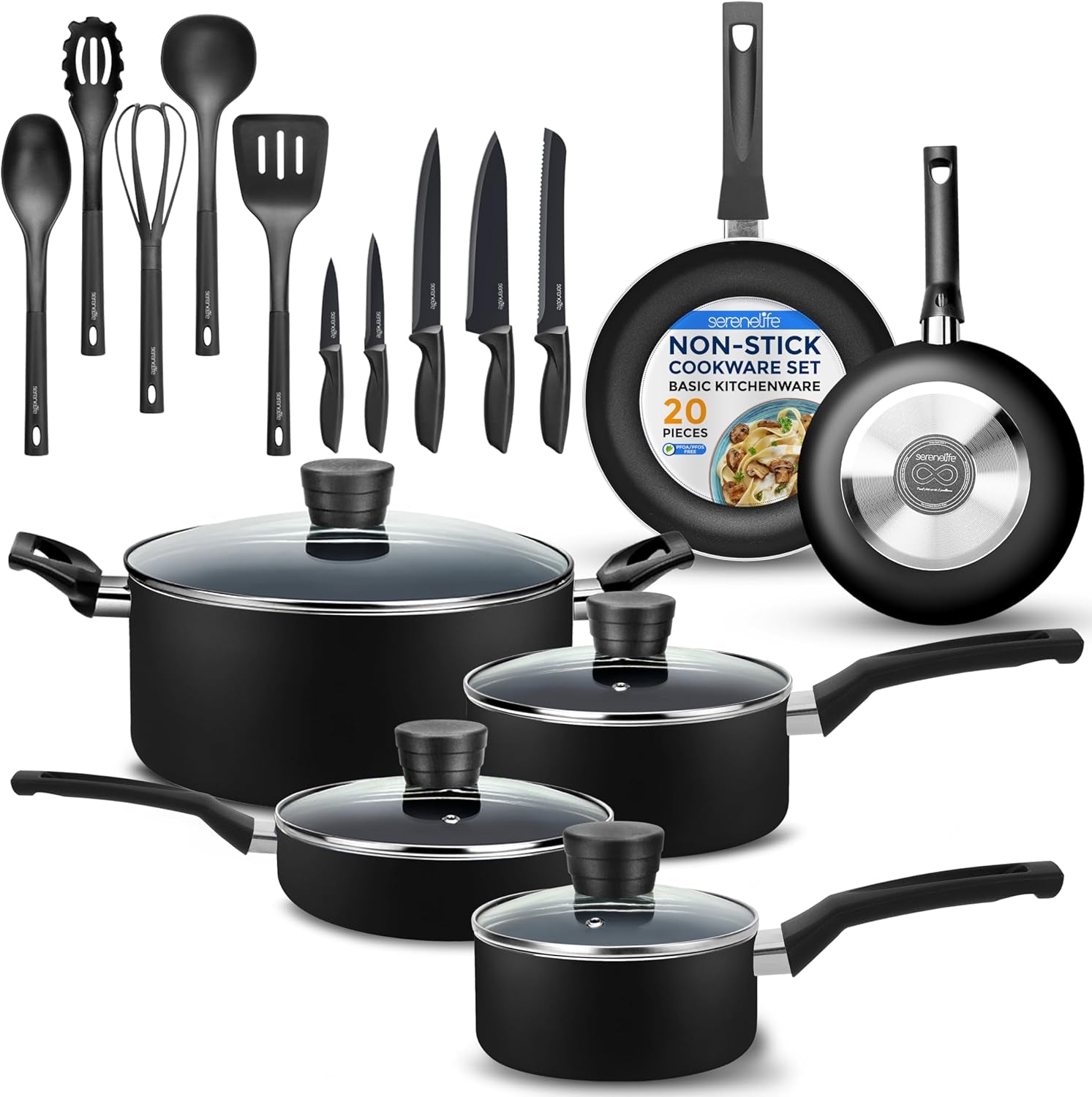 VERI HOT Kitchenware Pots & Pans Basic Kitchen Cookware, Black Non-Stick Coating Inside, Heat Resistant Lacquer (20-Piece Set), One Size