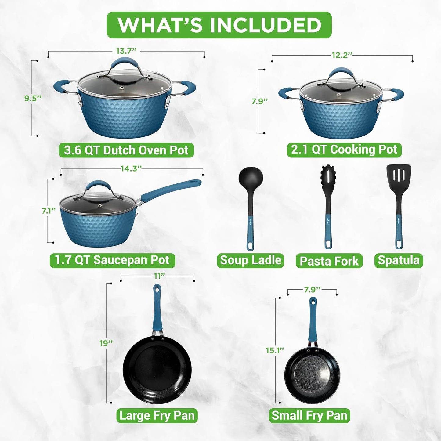 VERI HOT 11 Pc Pots and Pans Set Non Stick Cookware with Ceramic Coating, Ergonomic Handles, Induction Ready, Includes Saucepan, Dutch Oven, Large & Small Fry Pans, Royal Blue