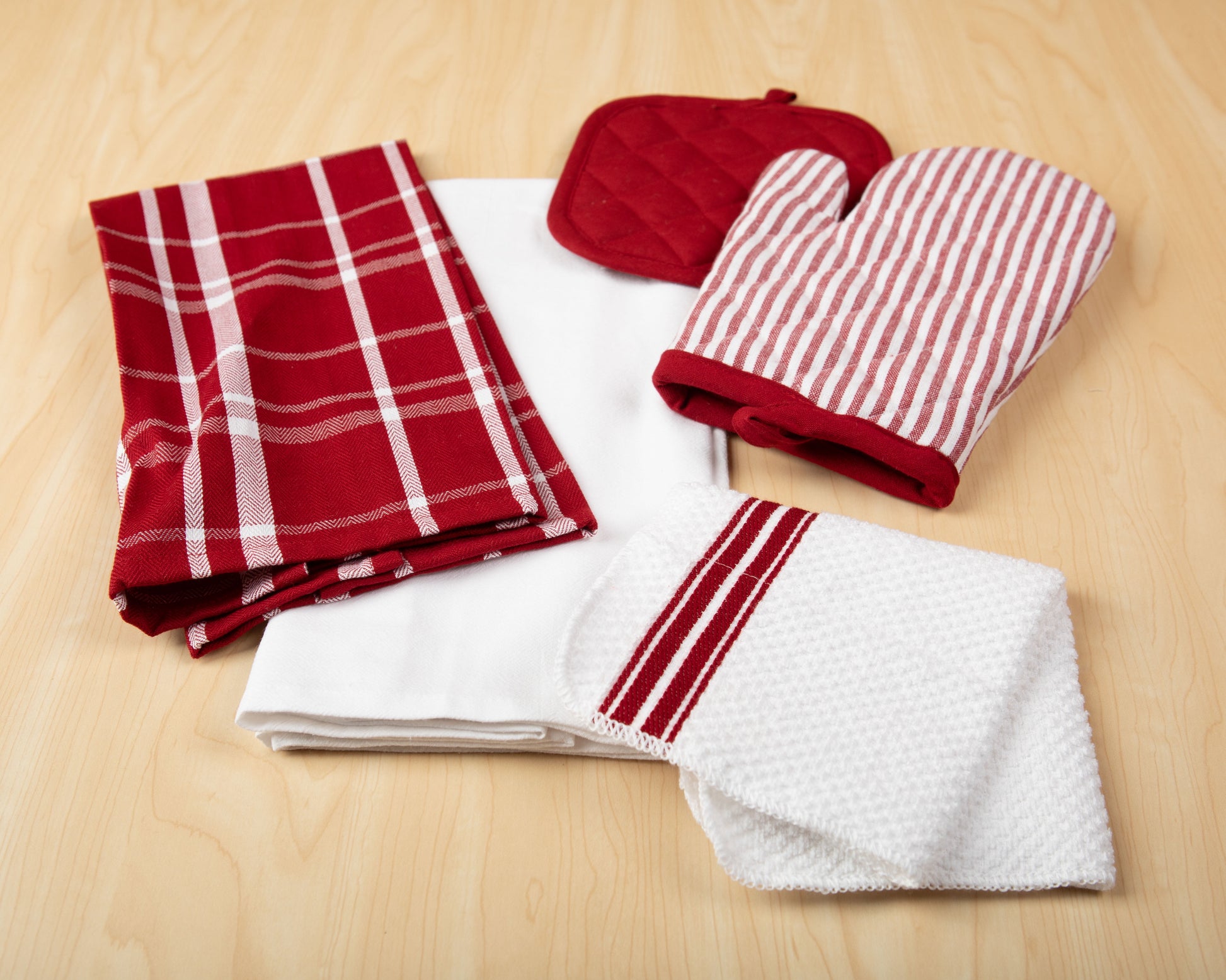 VERI CUTE 20 Piece Set, Terry and Flat Kitchen Towel, Dish Cloth, Flour Sack, Oven Mitt and Pot Holder Set, Red Stripe