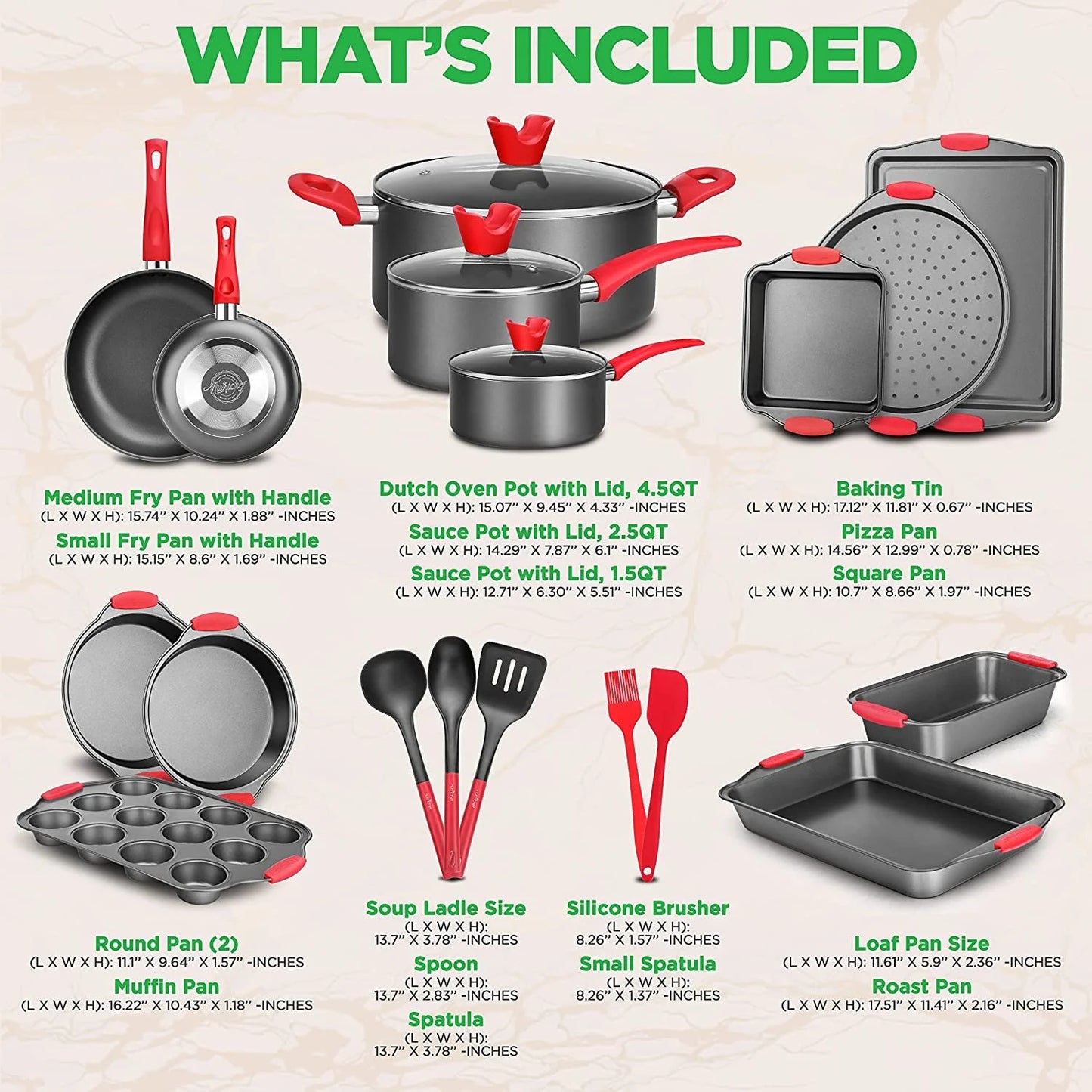 VERIS.  NCE  21-Piece Nonstick Cookware Set - PTFE/PFOA/PFOS Free Heat Resistant Lacquer Kitchen Ware Pots Pan W/ Cool-Touch Handles, Saucepan, Fry Pans, Lid, Bakeware, for Gas Electric Ceramic Cooktops