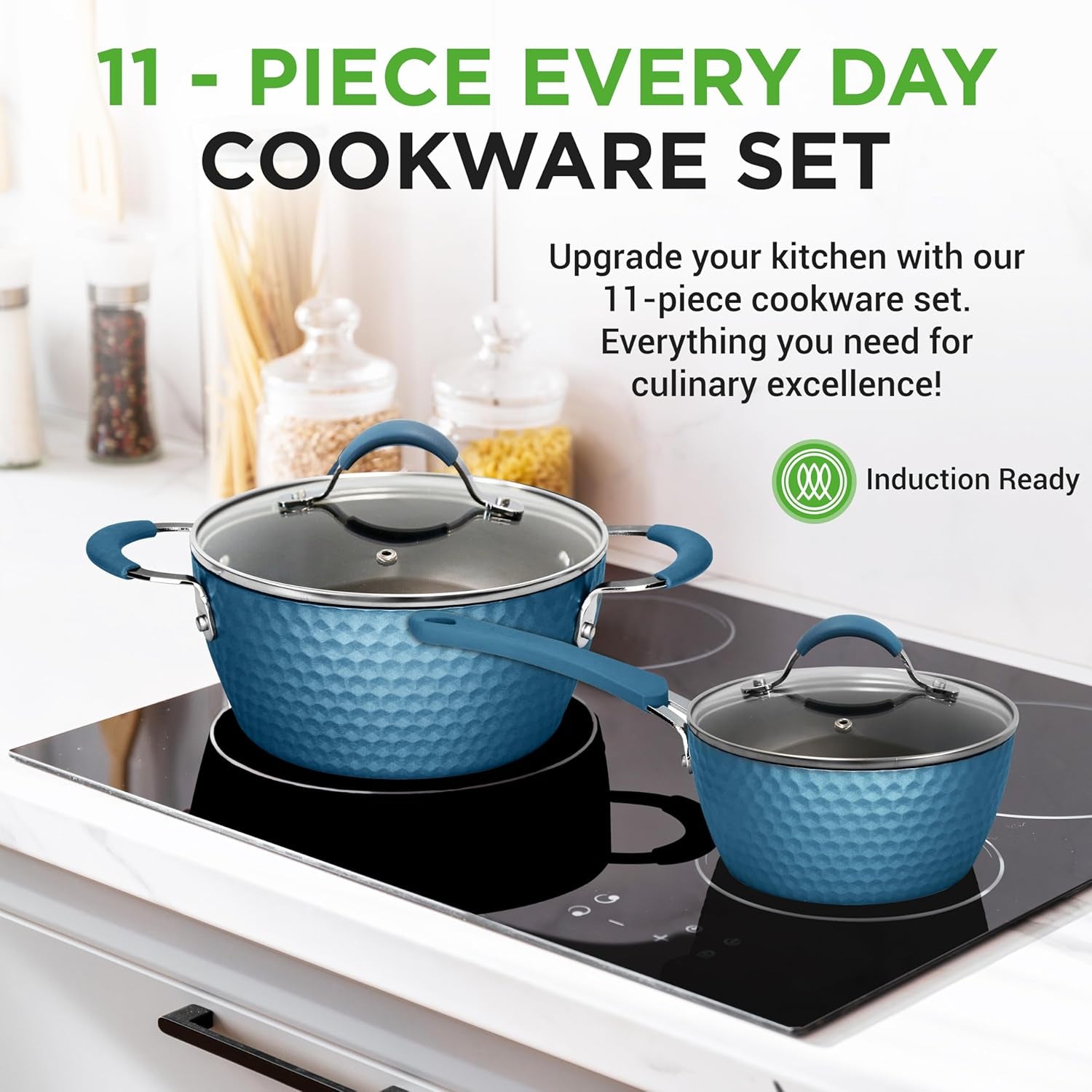 VERI HOT 11 Pc Pots and Pans Set Non Stick Cookware with Ceramic Coating, Ergonomic Handles, Induction Ready, Includes Saucepan, Dutch Oven, Large & Small Fry Pans, Royal Blue