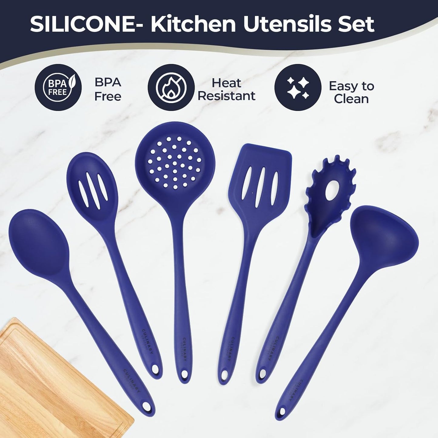 VERIS TASTY Blue Silicone Kitchen Utensils Set of 6, Non-Stick Heat-Resistant Silicone Kitchen Utensils Set with Steel Inner Core