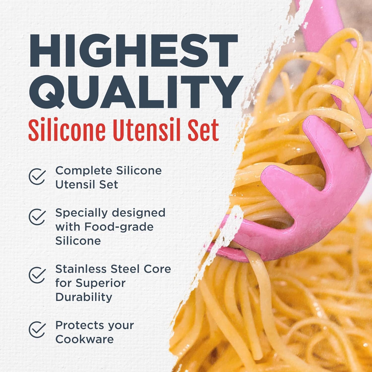 VERIS TASTI. 6-Piece Stainless Steel & Silicone Kitchen Utensils Set, Silicone Cooking Utensils, Heat Resistant Kitchen Cooking Utensils Set, Pink
