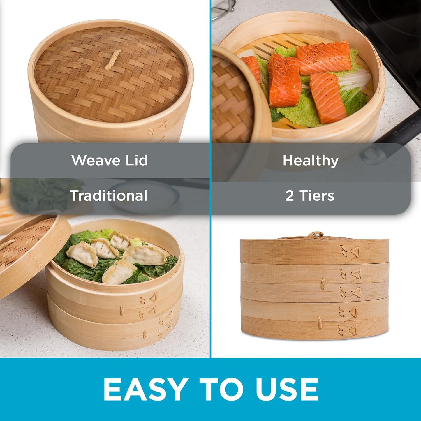 VERI STEAMY 10 Inch Bamboo Steamer for Cooking Vegetables and Dumplings - Classic Traditional 2 Tier Design - Healthy Food Prep - Great for Dim Sum, Chicken, Fish, Veggies - Steam Basket - Natural
