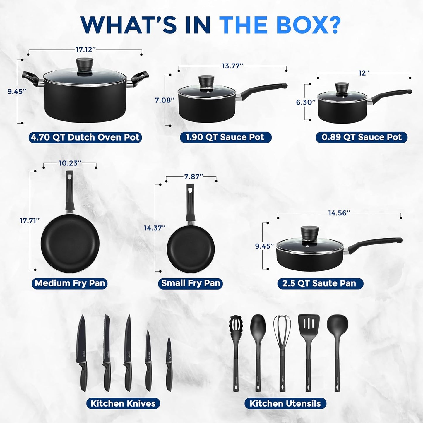 VERI HOT Kitchenware Pots & Pans Basic Kitchen Cookware, Black Non-Stick Coating Inside, Heat Resistant Lacquer (20-Piece Set), One Size