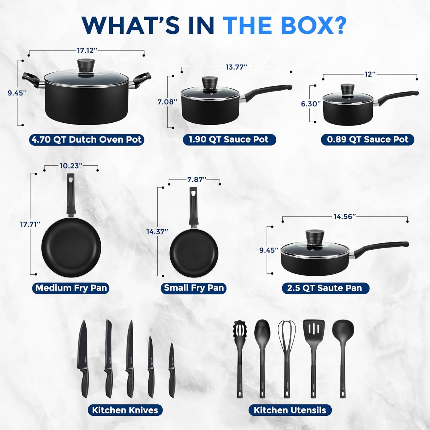 VERI HOT Kitchenware Pots & Pans Basic Kitchen Cookware, Black Non-Stick Coating Inside, Heat Resistant Lacquer (20-Piece Set), One Size