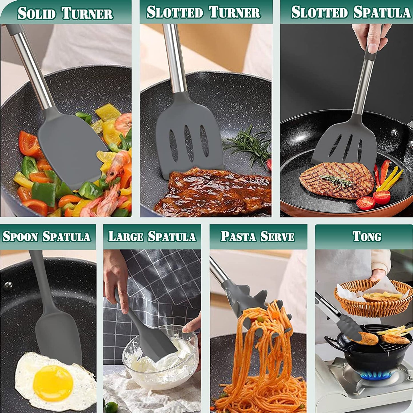 VERI TASTY Silicone Kitchen Cooking Utensil Set, 43 Pcs Silicone Spatula with Stainless Steel Handle, Non-Stick Heat Resistant - Best Cookware (Grey)