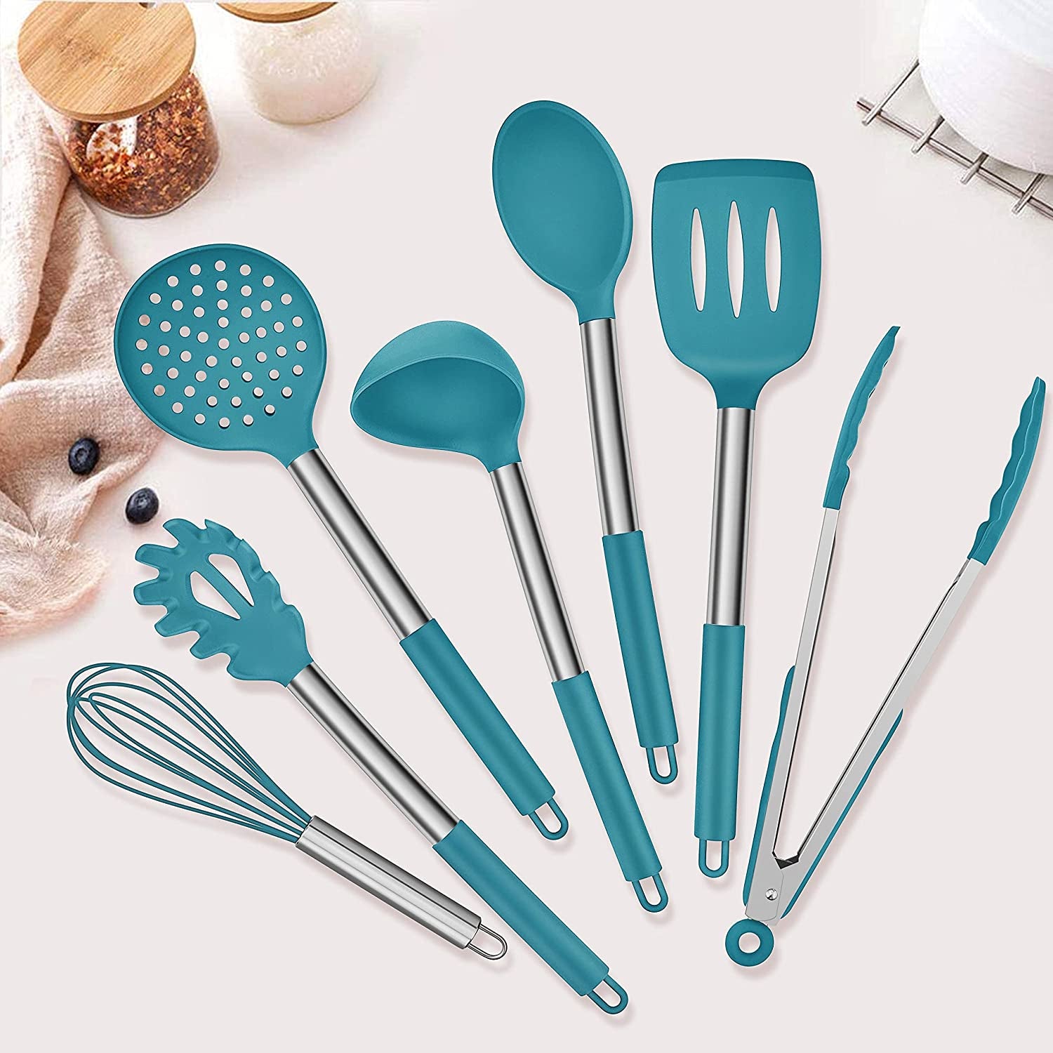 VERI TASTY. 27 Pieces Silicone Cooking Utensils Set with Holder, Kitchen Utensil Sets for Nonstick Cookware, Dark Navy Blue Kitchen Tools Spatula with Stainless Steel Handle, Heat Resistant