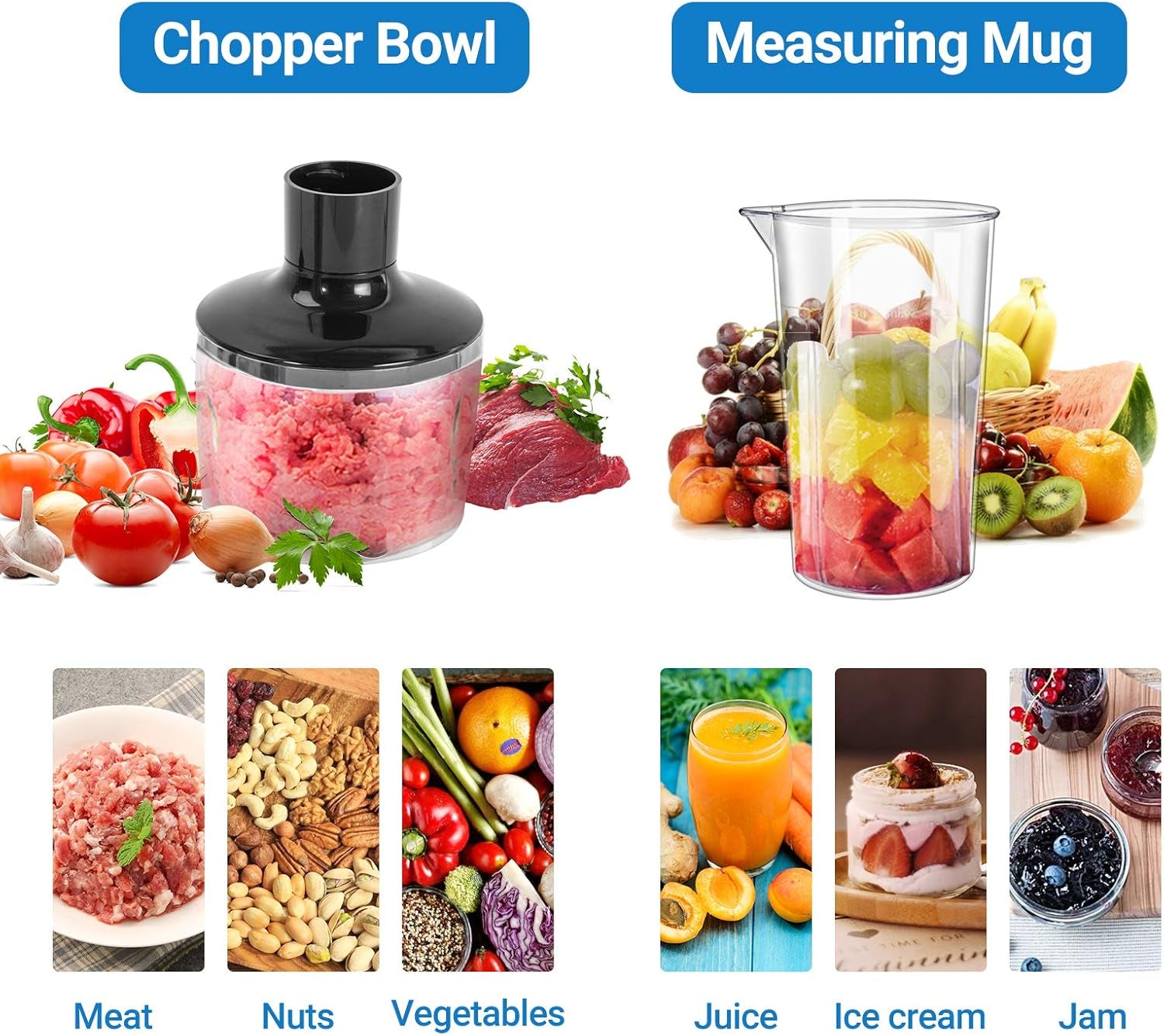 VERI HOT 5-In-1 Hand Blender, 5-In-1, 8-Speed 500 Watts Stick Blender with 860Ml Food Grinder, 600Ml Container, Milk Frother, Egg Whisk for Puree Infant Food, Smoothies, Sauces and Soups, Black