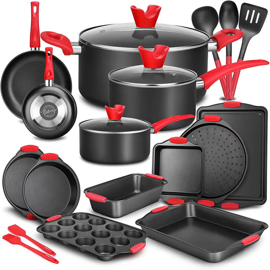 VERIS.  NCE  21-Piece Nonstick Cookware Set - PTFE/PFOA/PFOS Free Heat Resistant Lacquer Kitchen Ware Pots Pan W/ Cool-Touch Handles, Saucepan, Fry Pans, Lid, Bakeware, for Gas Electric Ceramic Cooktops